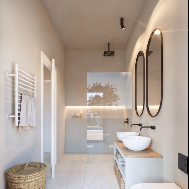 Modernes Badezimmer mit Doppelwaschbecken auf Holzkonsole, schwarzen Unterputzarmaturen, hinterleuchteten Ovalspiegeln und begehbarer Dusche mit Glastrennwand.