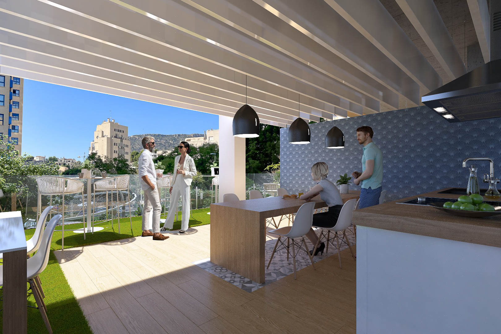 Großzügige Gemeinschaftsterrasse mit Außenküche, weißer Lamellenpergola, Holztisch und Kunstrasenbereich mit Blick auf die Stadt Calpe.