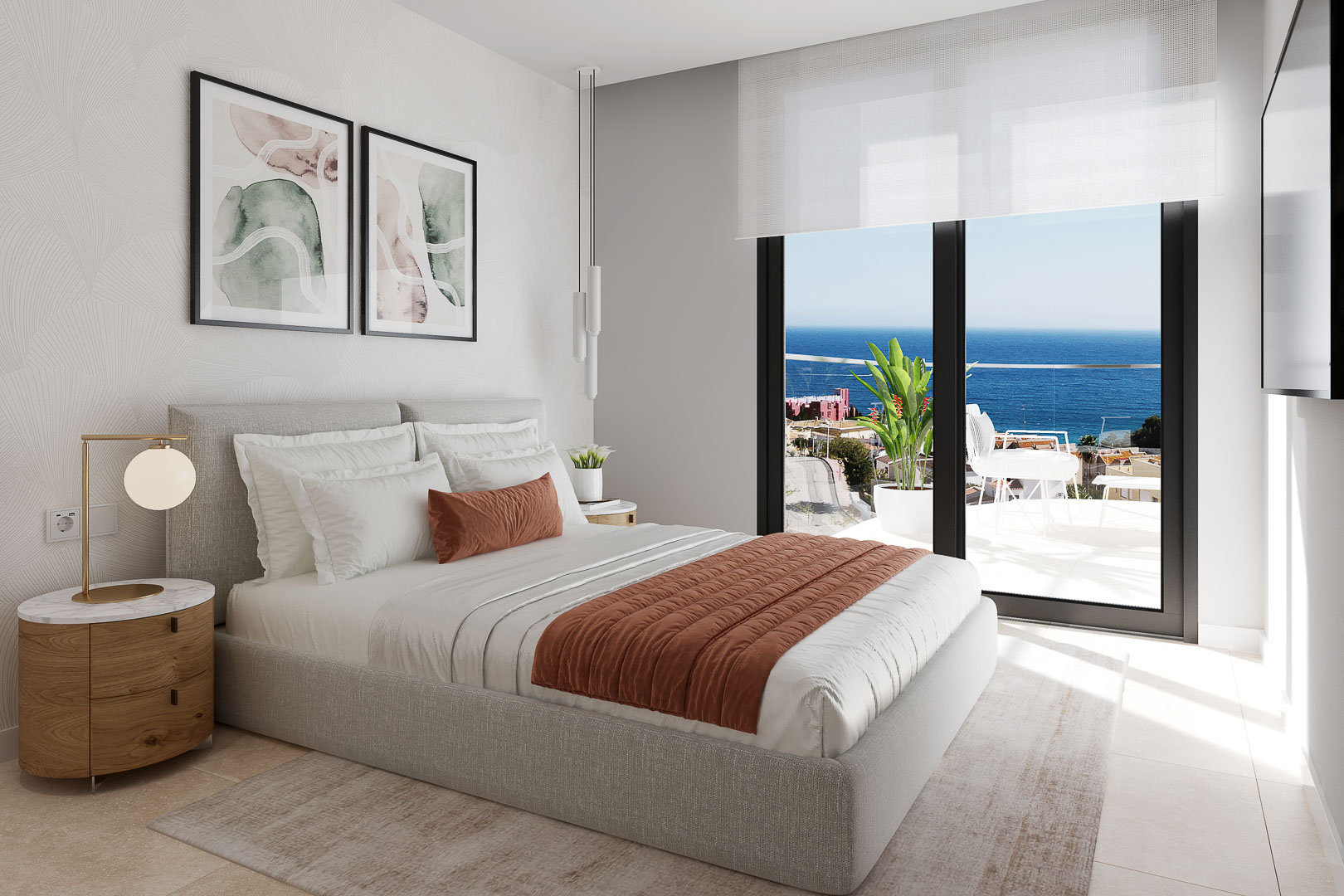 Hauptschlafzimmer mit bodentiefen Glasfronten, Meerblick, strukturierter Tapete und hochwertigen Feinsteinzeugböden mit Zugang zur Terrasse.