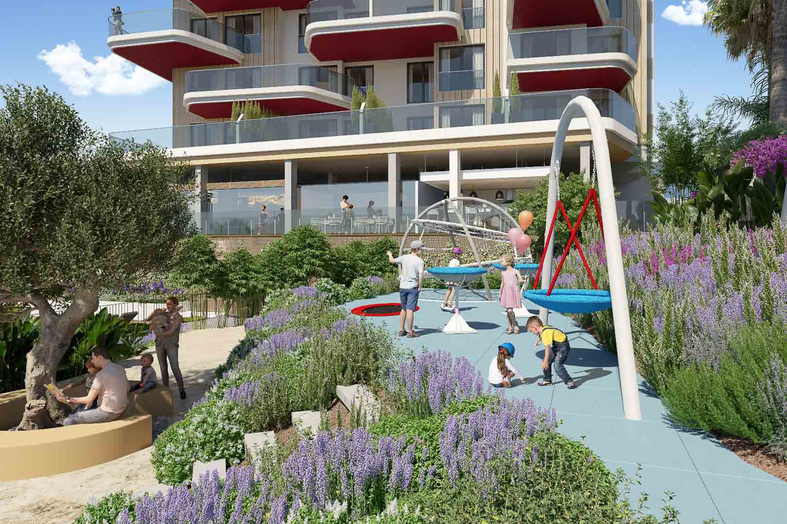 Kinderspielplatz mit blauem Fallschutzboden und modernen Spielgeräten, eingebettet in eine mediterrane Gartenanlage vor der markanten Wohnhausfassade.