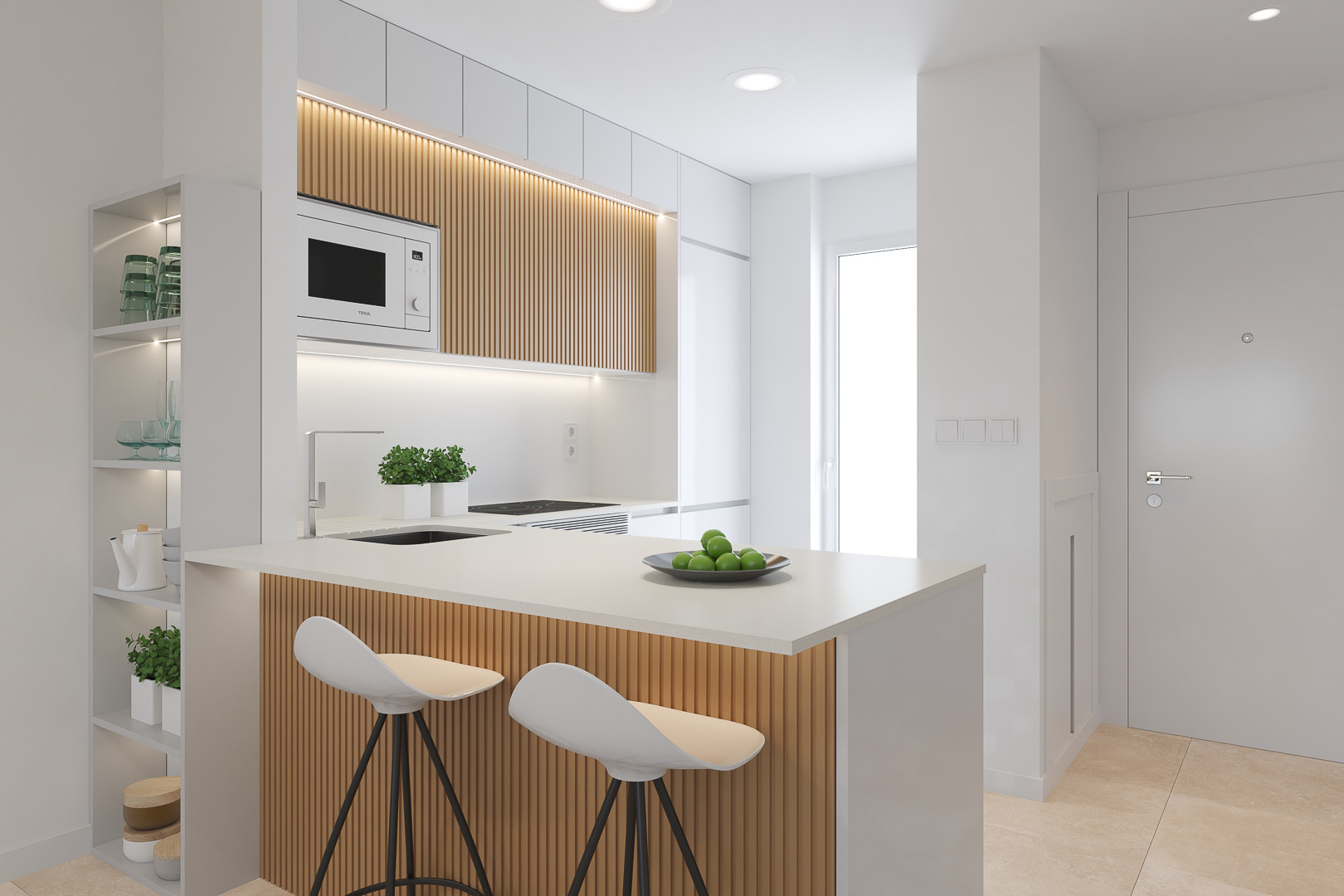 Moderne Küche mit einer Kochinsel aus Holzlamellen, weißen Arbeitsplatten und Designer-Hockern. Mit integrierten Geräten und LED-beleuchteten Regalen.