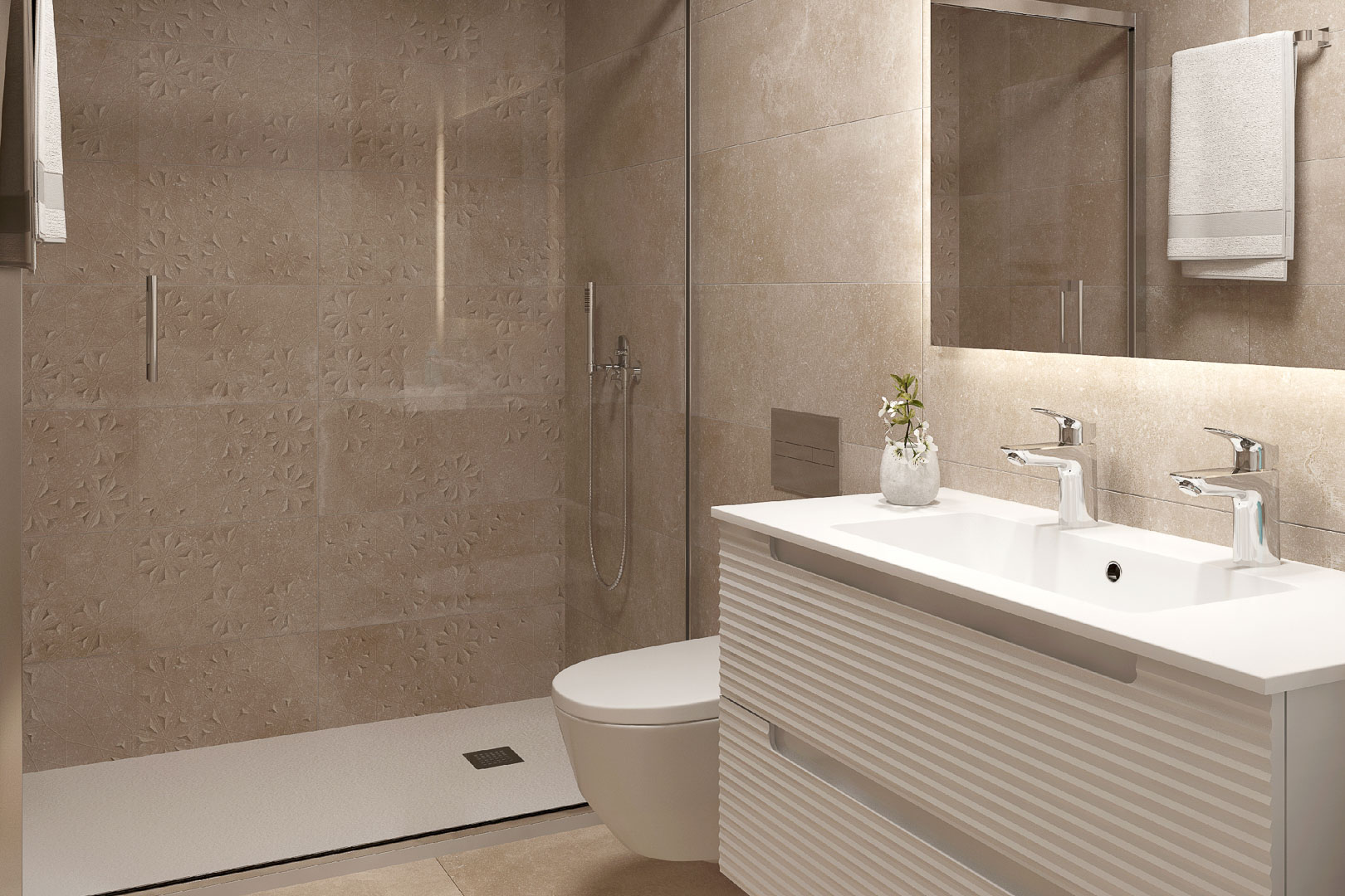 Modernes Badezimmer mit begehbarer Dusche, strukturierten Fliesen und Glaswand. Schwebender Waschtisch mit Doppelarmatur und integrierter LED-Spiegelbeleuchtung.