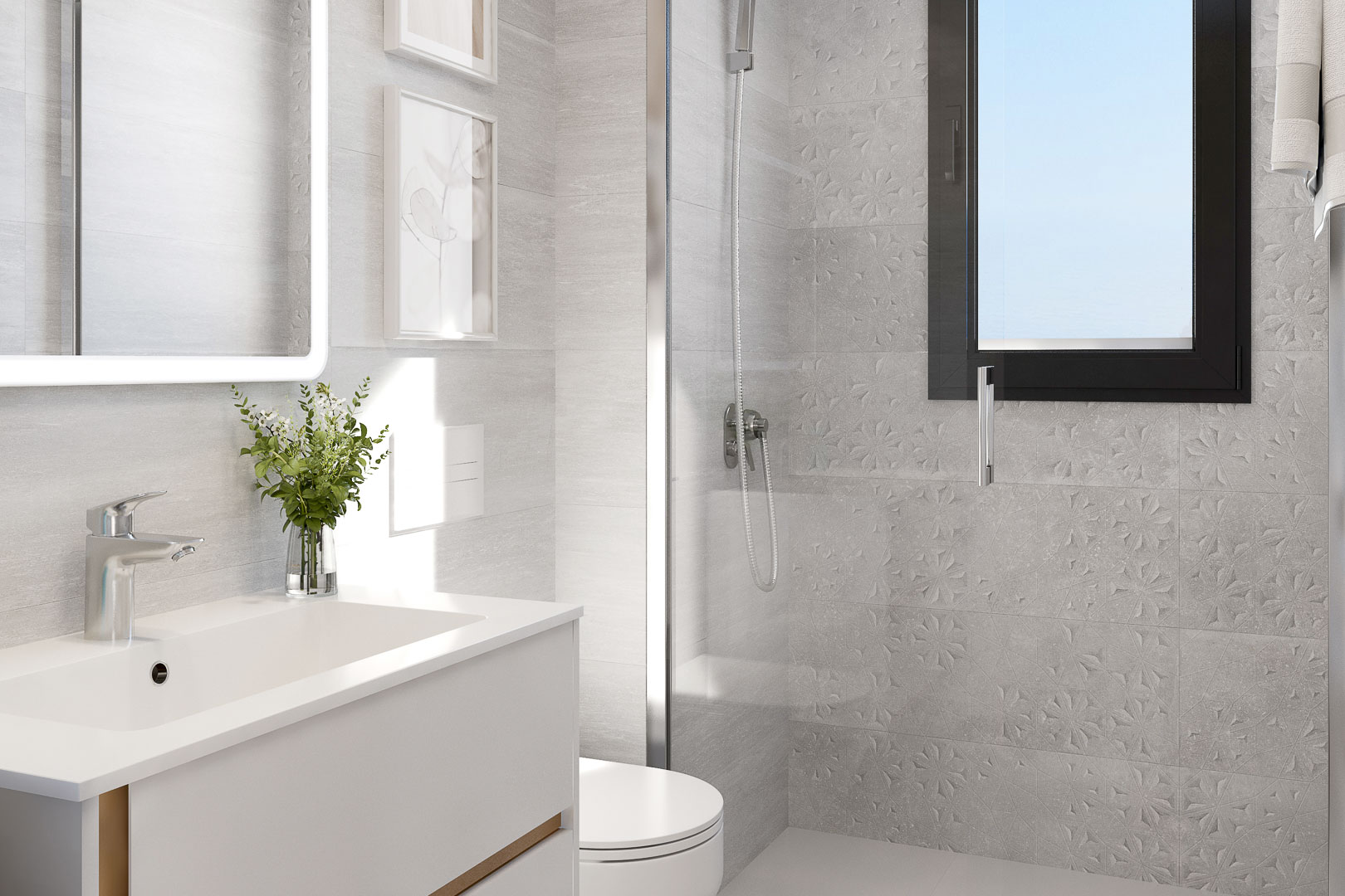 Modernes Badezimmer mit weißem Waschtisch, hintergrundbeleuchtetem Spiegel und Glasdusche. Strukturierte graue Fliesen und ein schwarzer Fensterrahmen ergänzen das helle Design.