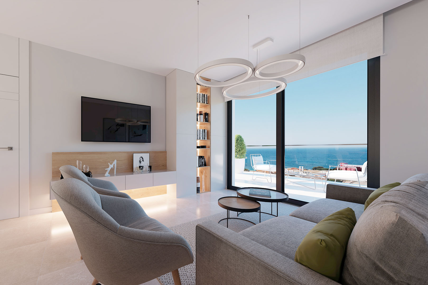 Modernes Wohnzimmer mit Feinsteinzeugboden, integrierter LED-Beleuchtung und bodentiefen Fenstern, die einen Panoramablick auf das Mittelmeer und die Terrasse bieten.