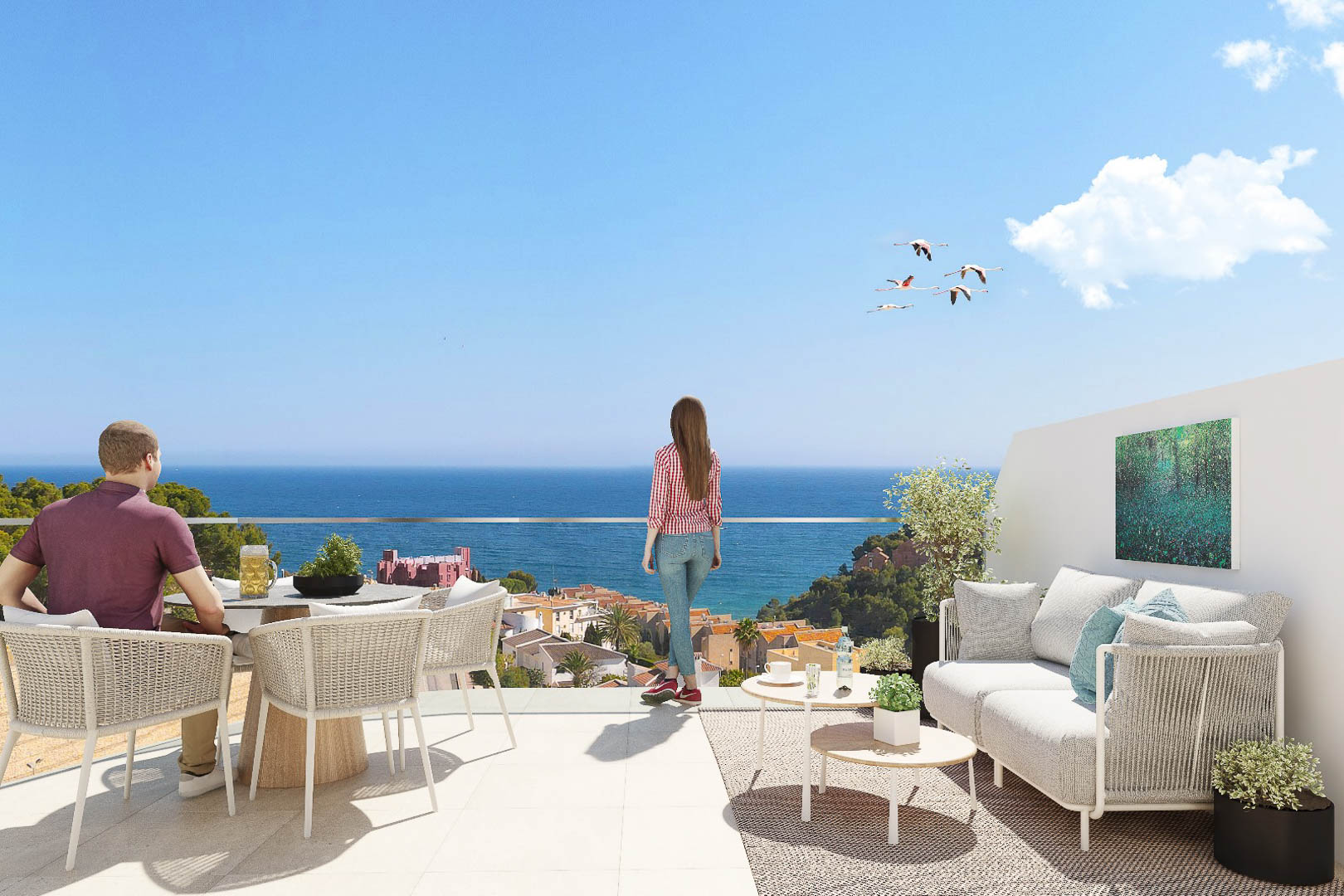 Private Terrasse mit Glasgeländer, Essbereich im Freien und Lounge-Ecke. Sie bietet einen Panoramablick auf das Mittelmeer und die Küstenlandschaft von Calpe.