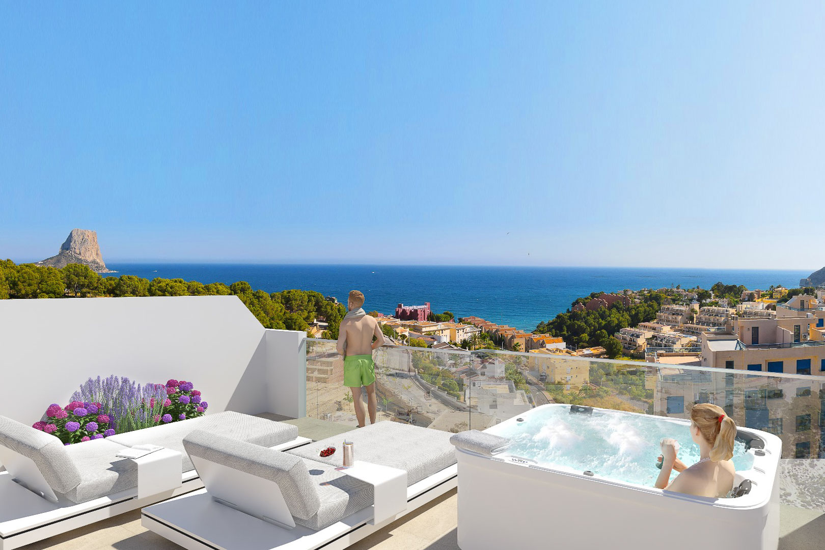 Private Terrasse mit Jacuzzi, modernen Sonnenliegen und Glasgeländer mit Panoramablick auf das Mittelmeer und den Peñón de Ifach in Calpe.