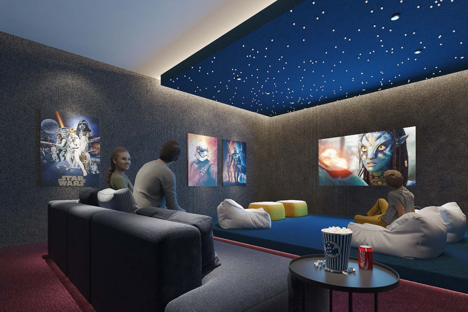 Privater Kinosaal mit akustischen Wandpaneelen, Sternenhimmel-Decke und großer Projektionsleinwand für ein immersives Filmerlebnis im Wohnkomplex.