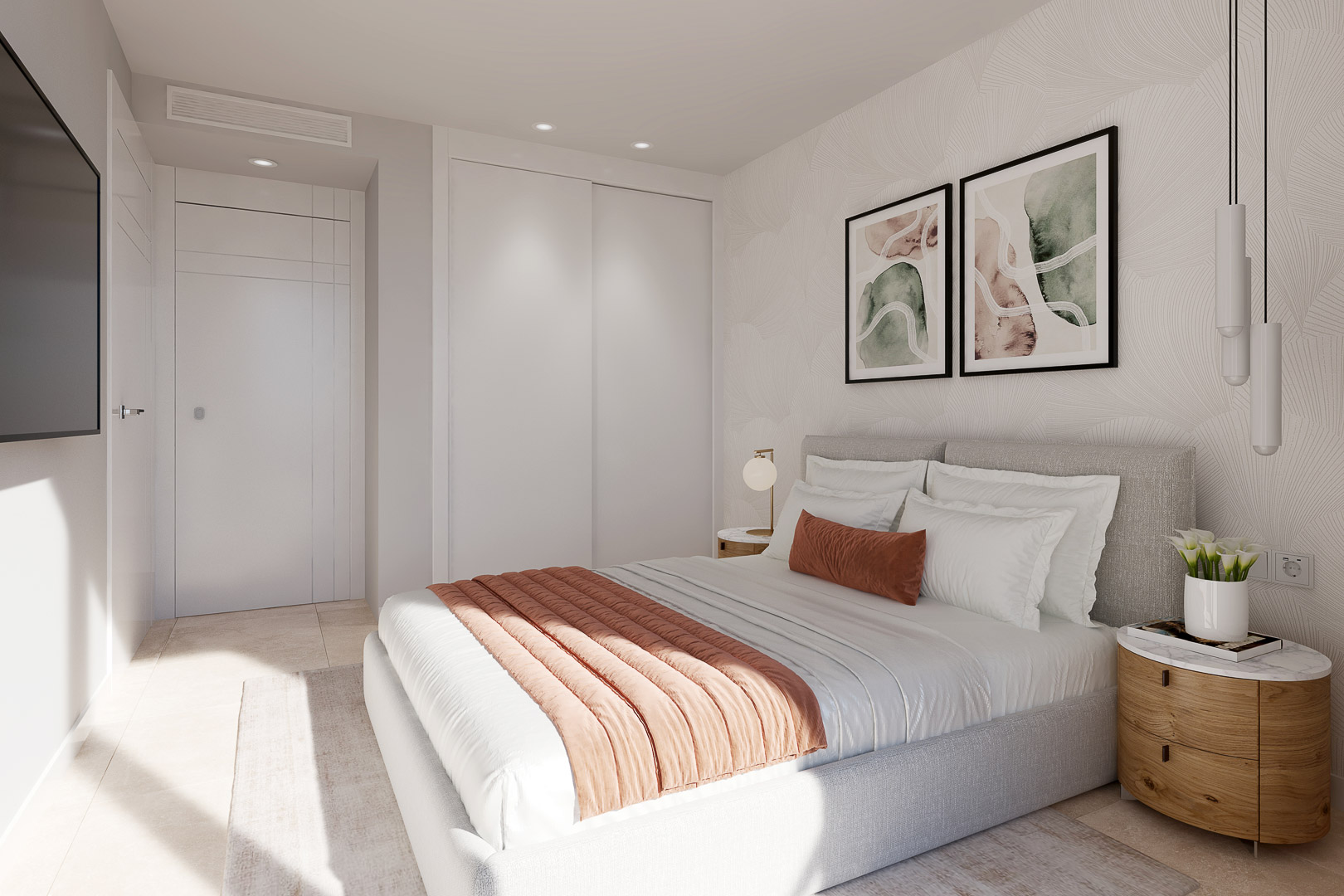 Schlafzimmer mit weißen Einbauschränken, gemusterter Tapete und Steinzeugboden. Hochwertige lackierte Türen und integrierte Deckenbeleuchtung runden das Design ab.