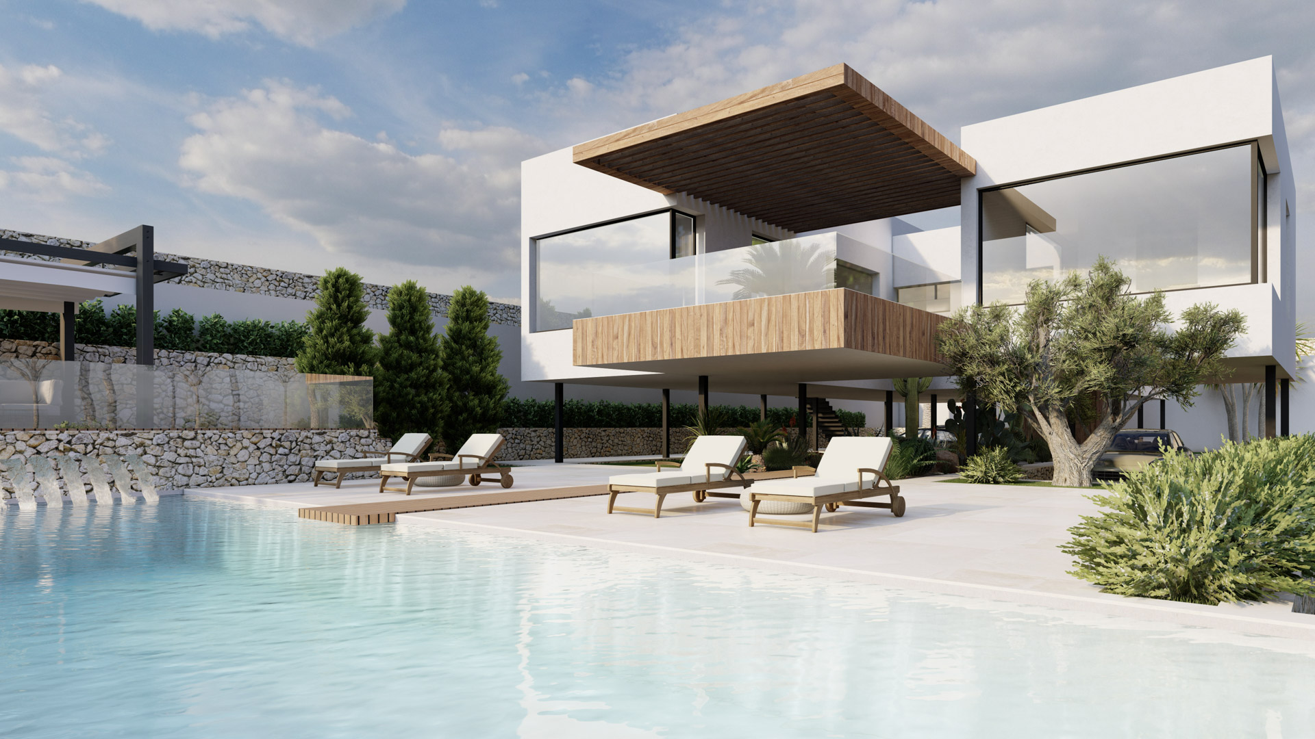 Außenansicht des Poolbereichs mit heller Steinterrasse, Designer-Liegen und minimalistischer Fassade, die Holzauskragungen mit traditionellem Mauerwerk kombiniert.