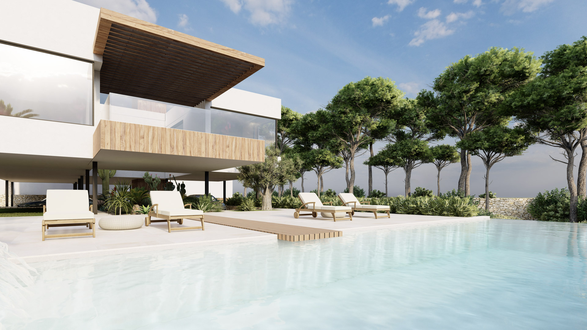 Außenbereich mit Infinity-Pool, Sonnenliegen aus Holz und moderner Architektur mit Fassadenelementen aus Naturholz und Glasgeländern.