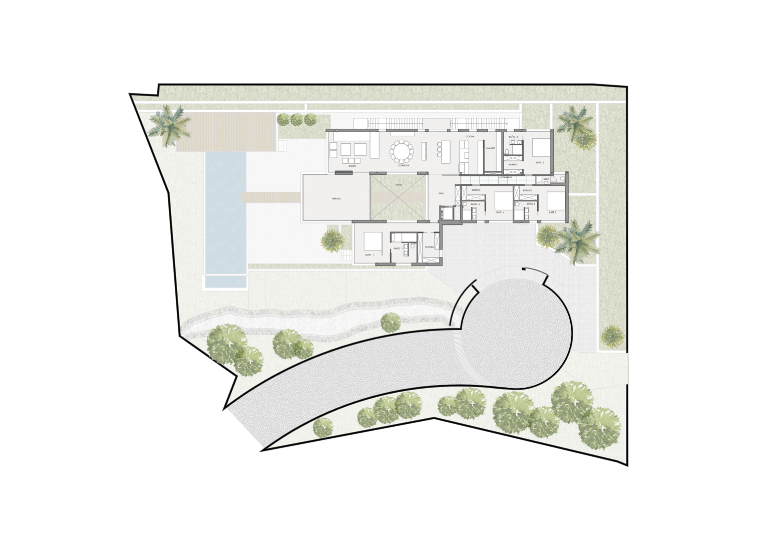 Detaillierter architektonischer Grundriss der Villa mit vier Suiten, offenem Wohnbereich, zentralem Patio, Außenpool und gestalteter Gartenanlage.