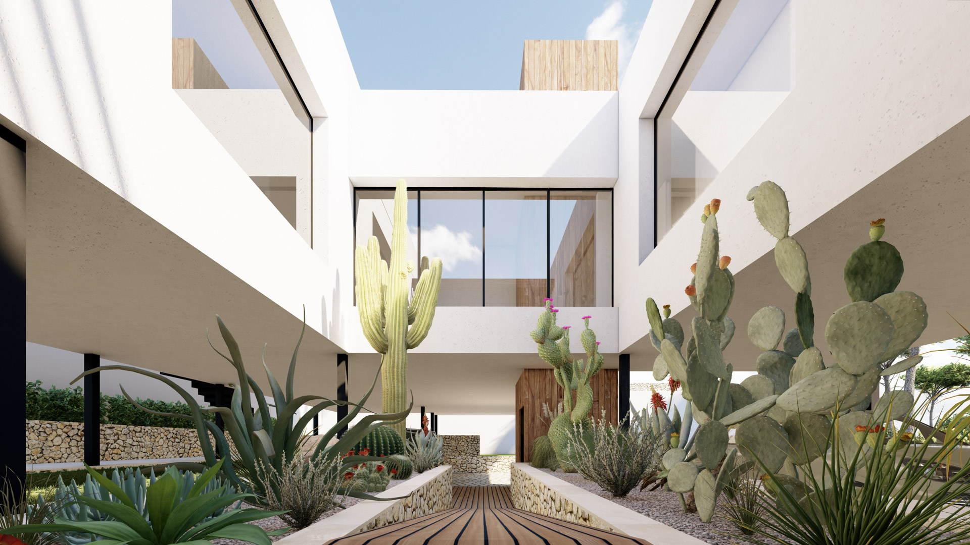 Eingangsbereich mit Holzsteg und integriertem Kakteengarten, der die minimalistische weiße Architektur und Natursteinmauern unter auskragenden Volumen betont.
