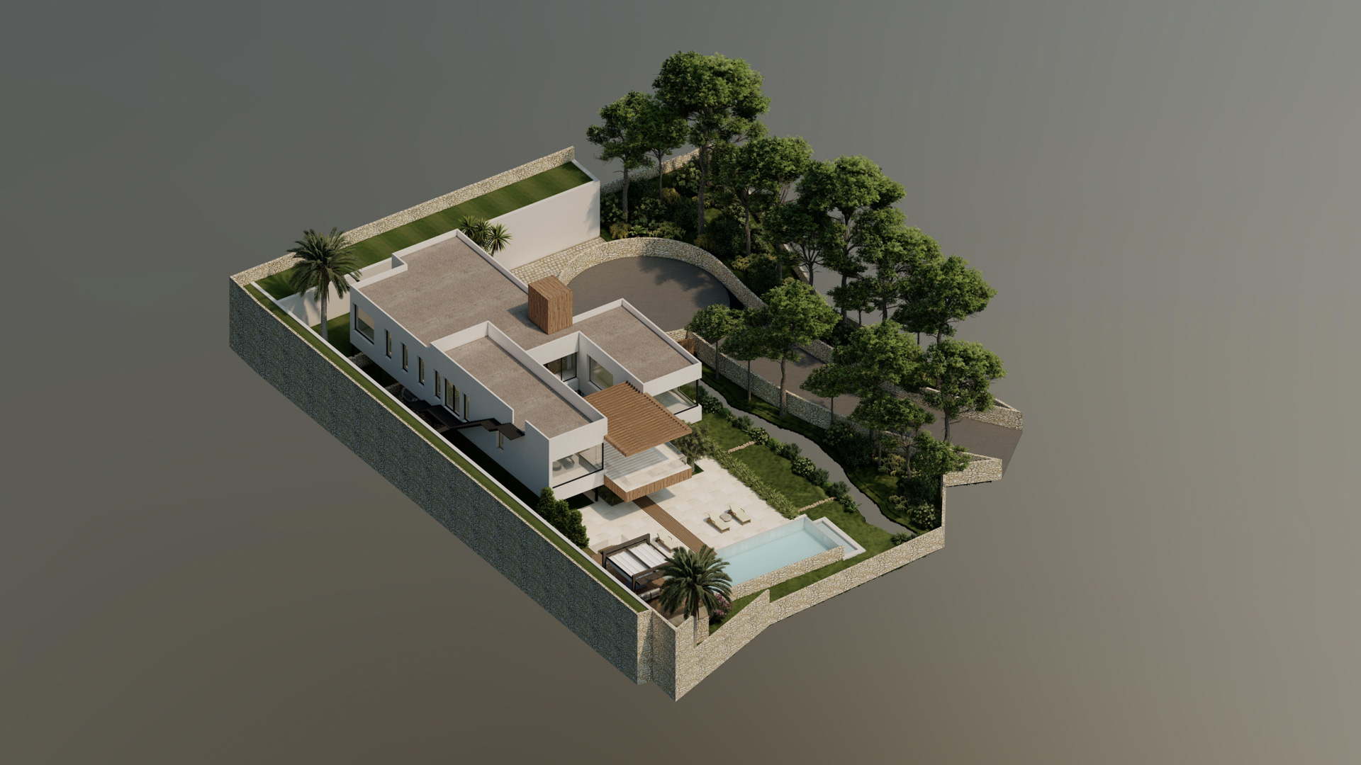 Isometrische 3D-Ansicht des Projekts mit moderner Architektur, Pool, Terrassen und mediterranem Garten auf einem vollständig ummauerten Grundstück.