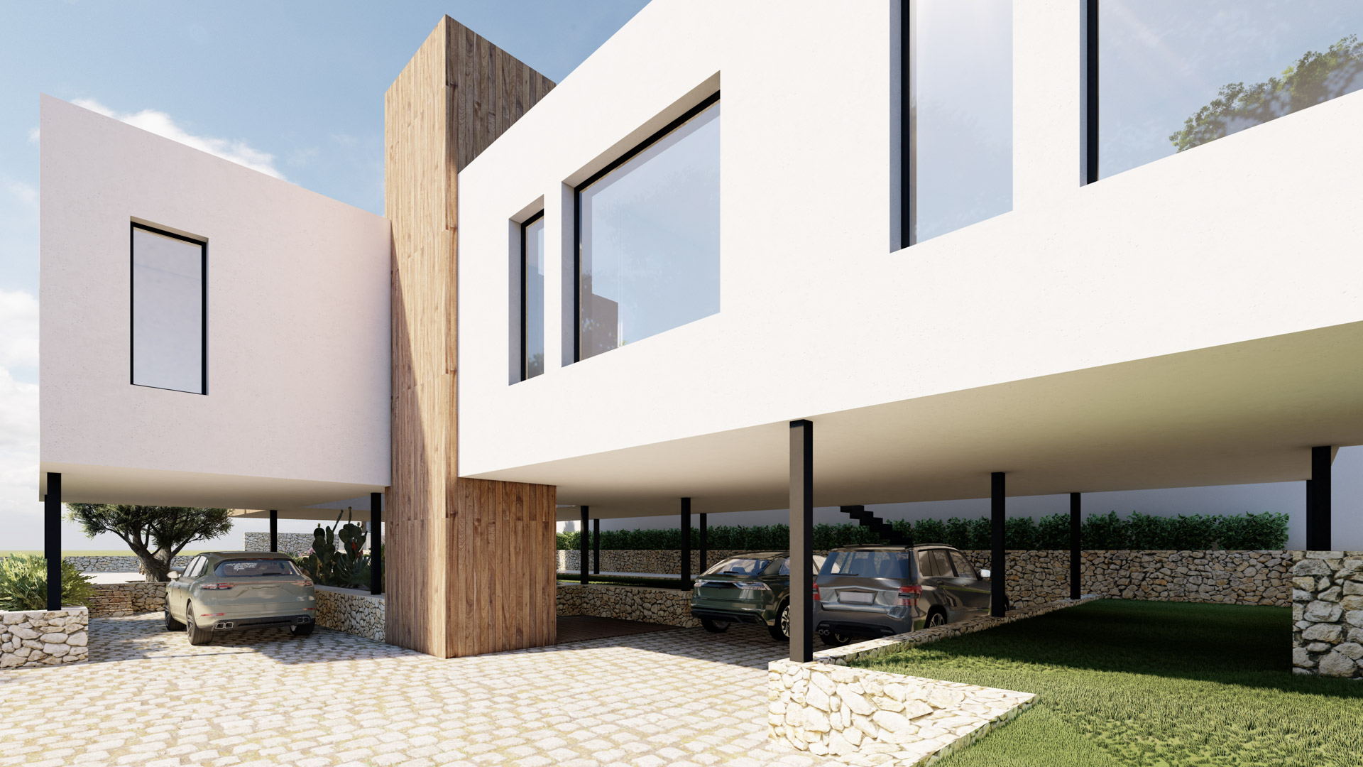 Moderne Fassade mit auskragendem Obergeschoss, das einen großzügigen überdachten Parkplatz schafft. Mit vertikaler Holzverkleidung, Natursteinmauern und großen Glasfronten.