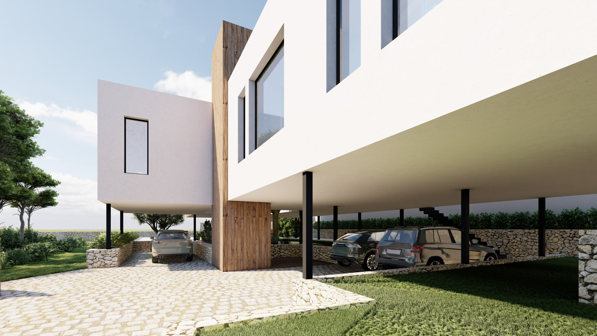 Moderne Fassade mit weißen Auskragungen und Holzpaneelen, die einen großzügigen überdachten Parkplatz mit Kopfsteinpflaster und Natursteinmauern integriert.