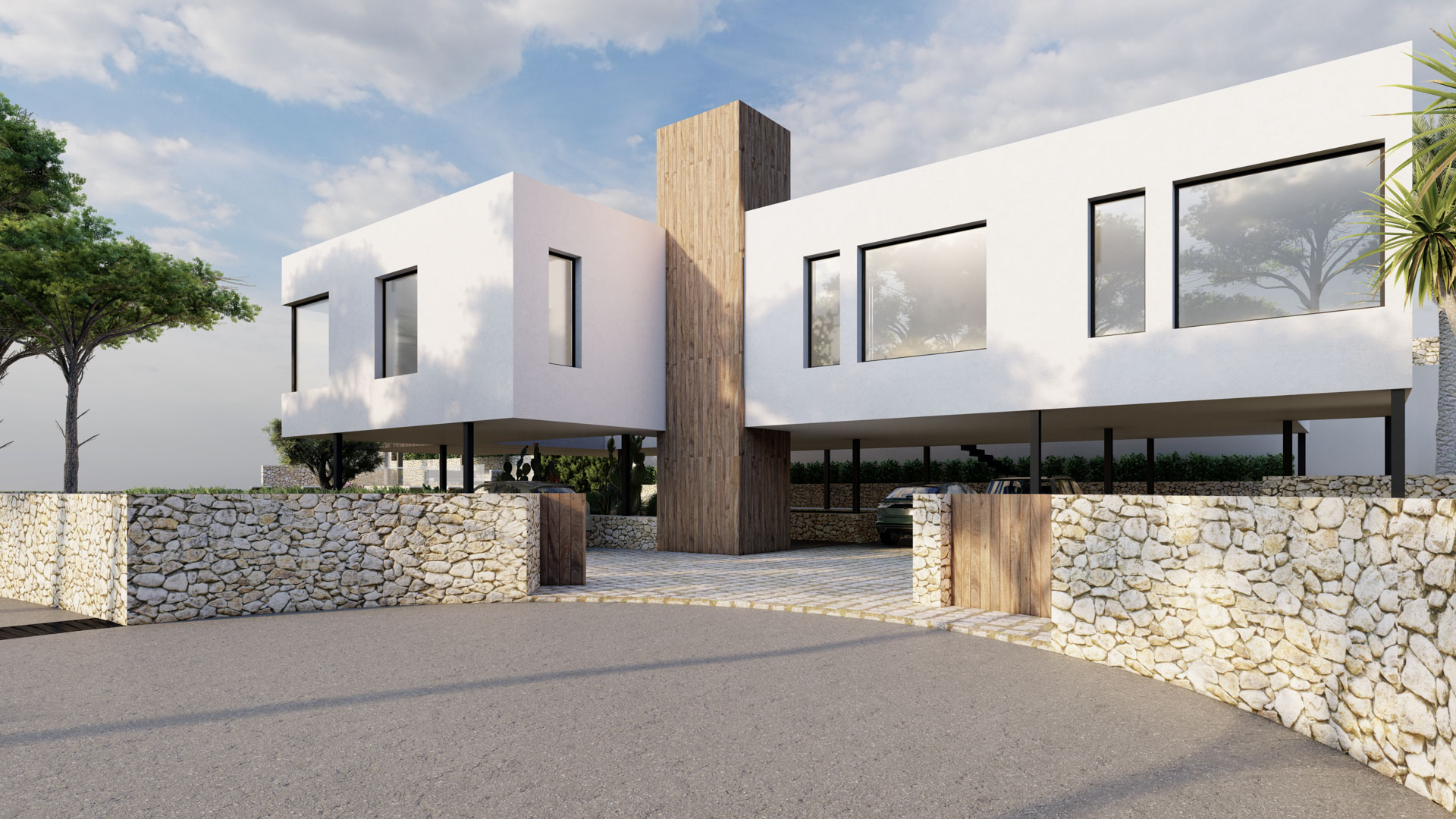 Moderne Fassade mit weißen Volumen und einem zentralen Holzpaneel. Das auf Pfeilern schwebende Obergeschoss bietet einen großen überdachten Parkplatz hinter Natursteinmauern.