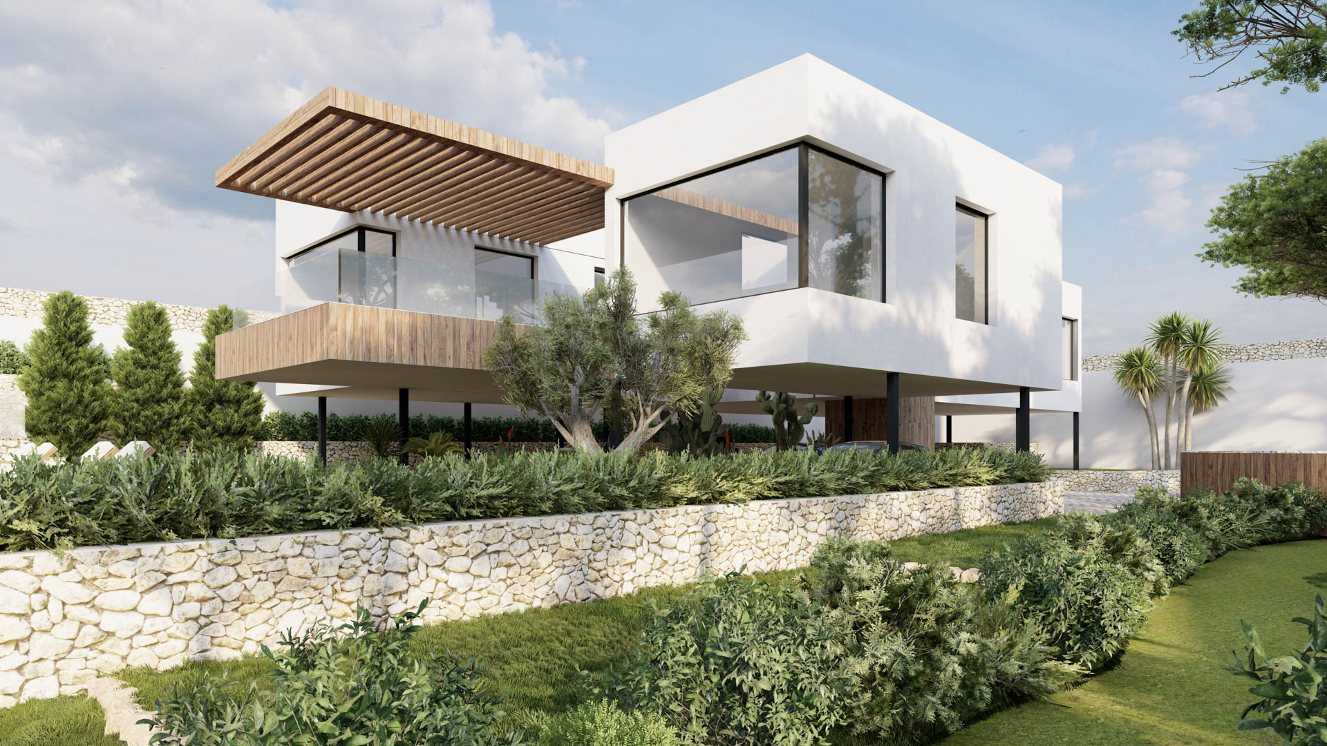 Moderne Villa mit auskragenden Bauteilen, Holzpergola und Glasgeländern, eingebettet in eine Gartenanlage mit Natursteinmauern.