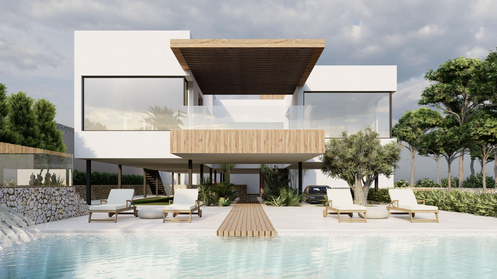 Moderne Villa mit Holzverkleidungen, großzügigen Glasfronten und einem Poolbereich mit Holzsteg, Sonnenliegen und einer harmonischen Gartenlandschaft.