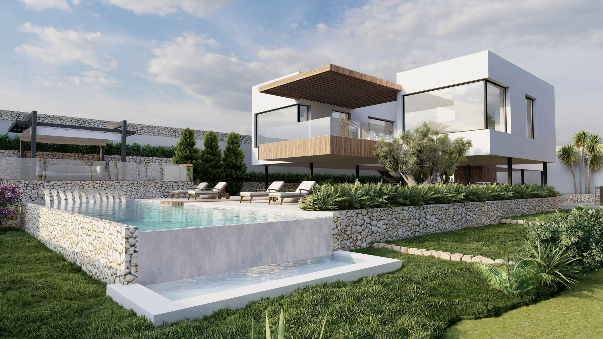 Moderne Villa mit Infinity-Pool aus Naturstein, auskragenden Holzterrassen und bodentiefen Verglasungen inmitten einer mediterranen Gartenanlage.