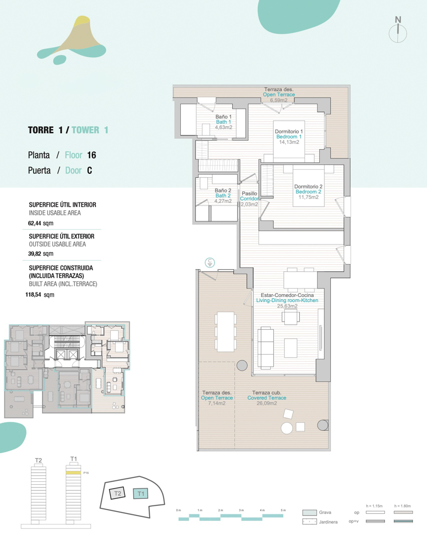 Detaillierter Grundriss von Turm 1, Etage 16, Einheit C, mit zwei Schlafzimmern, zwei Bädern und einer großzügigen überdachten Terrasse von 26 m² neben dem Wohnbereich.