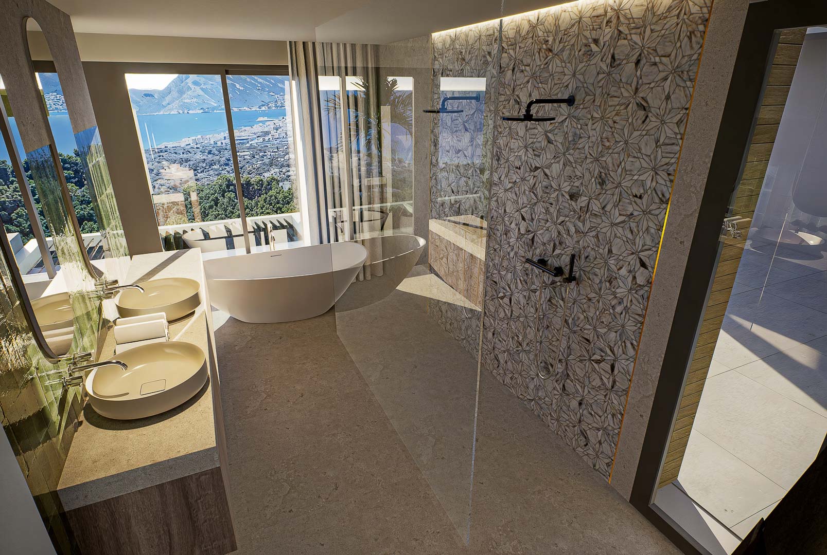 Badezimmer mit Doppelwaschbecken, freistehender Wanne und ebenerdiger Dusche mit geometrischen Fliesen. Große Glasfronten bieten einen weiten Blick auf die Küste von Altea.