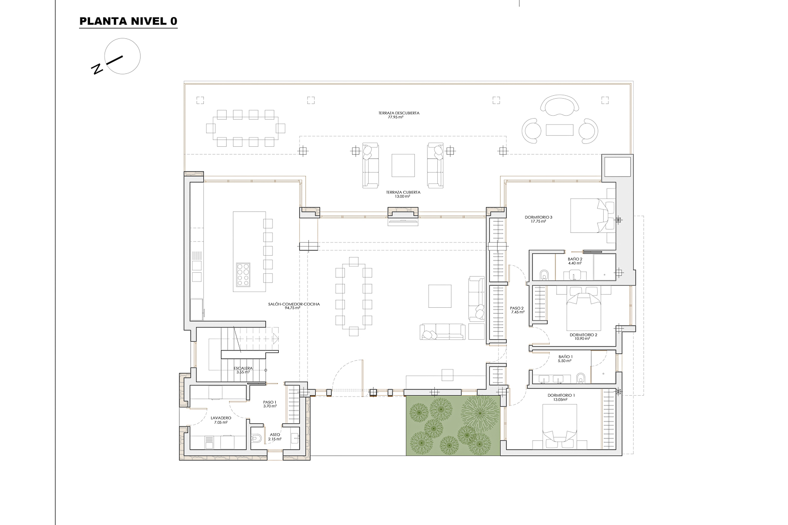 Detaillierter Grundriss der Ebene 0 mit einem 94 m² großen offenen Wohnbereich, drei Schlafzimmern und einer 77 m² großen Terrasse mit Außenbereichen.