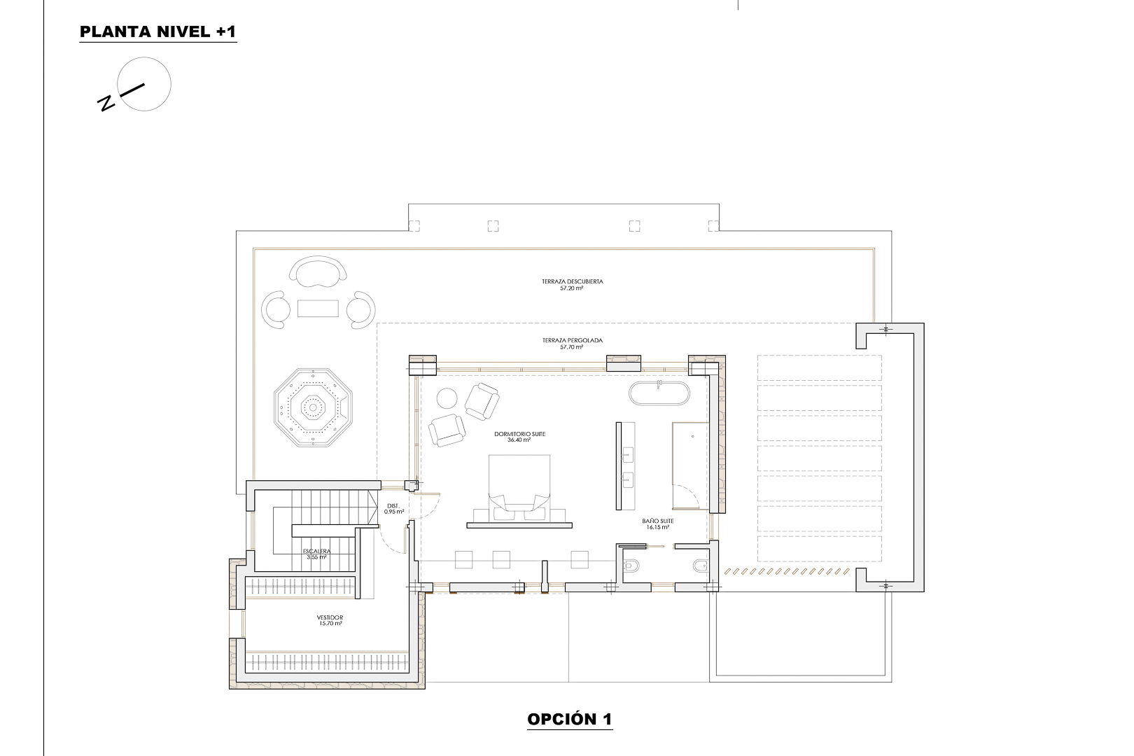 Detaillierter Grundriss der Ebene +1 mit einer Master-Suite, Ankleidezimmer, En-Suite-Bad und einer großzügigen 114 m² Terrasse mit überdachten und offenen Bereichen.