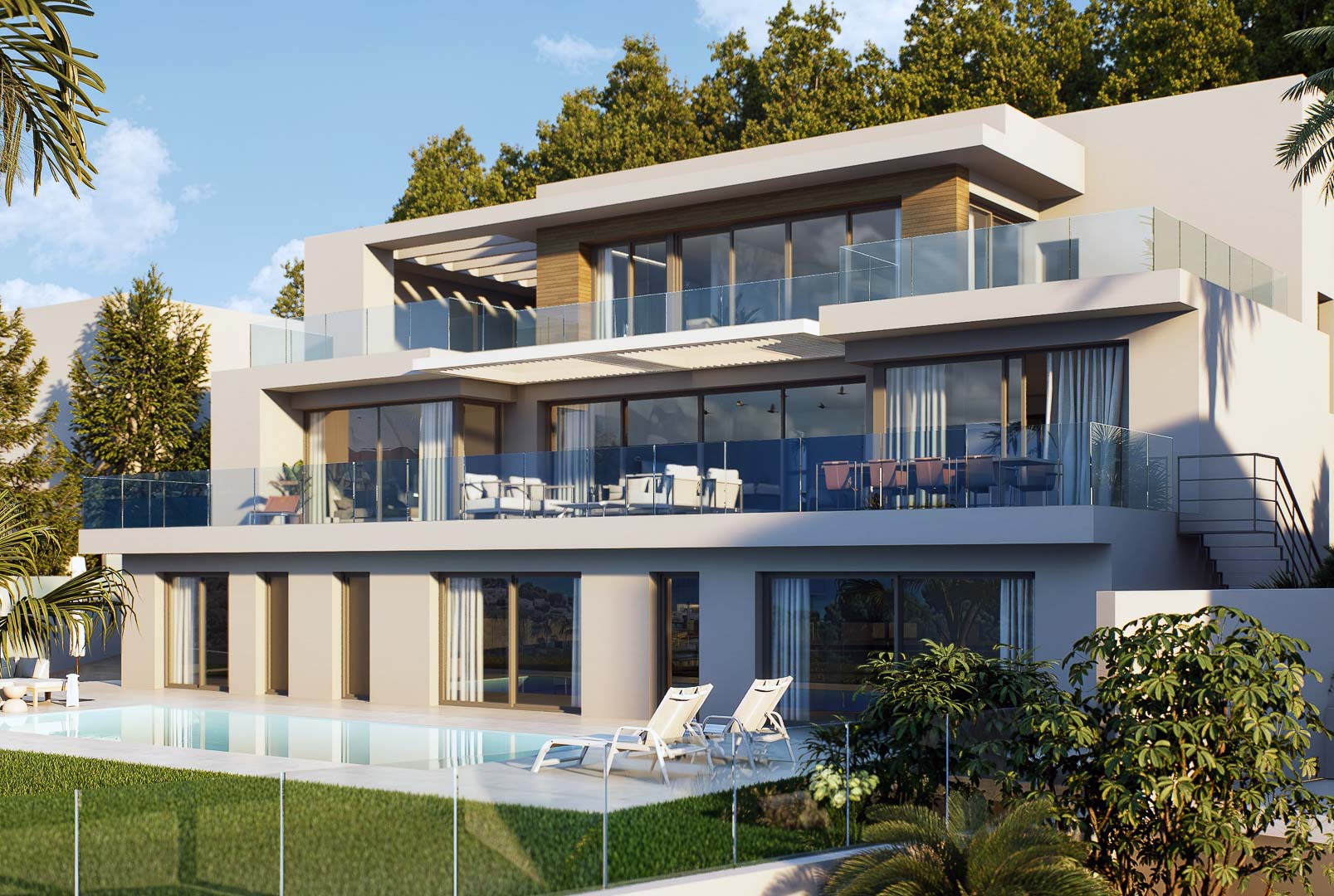 Dreistöckige moderne Villa mit abgestuften Terrassen, Glasgeländern, großen Fensterfronten und einem Poolbereich im Garten.