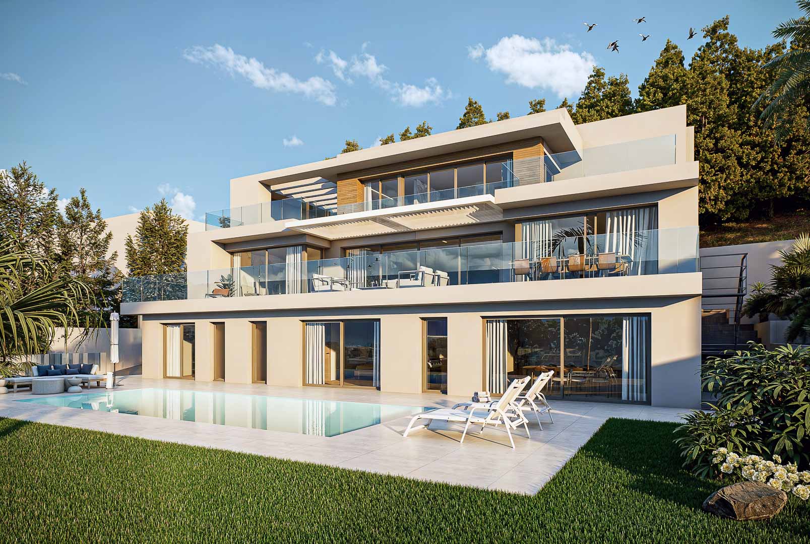 Dreistöckige moderne Villa mit großflächigen Glasfronten, Glasgeländer-Terrassen und einem Außenpool, eingebettet in eine gepflegte Gartenanlage mit Feinsteinzeug.