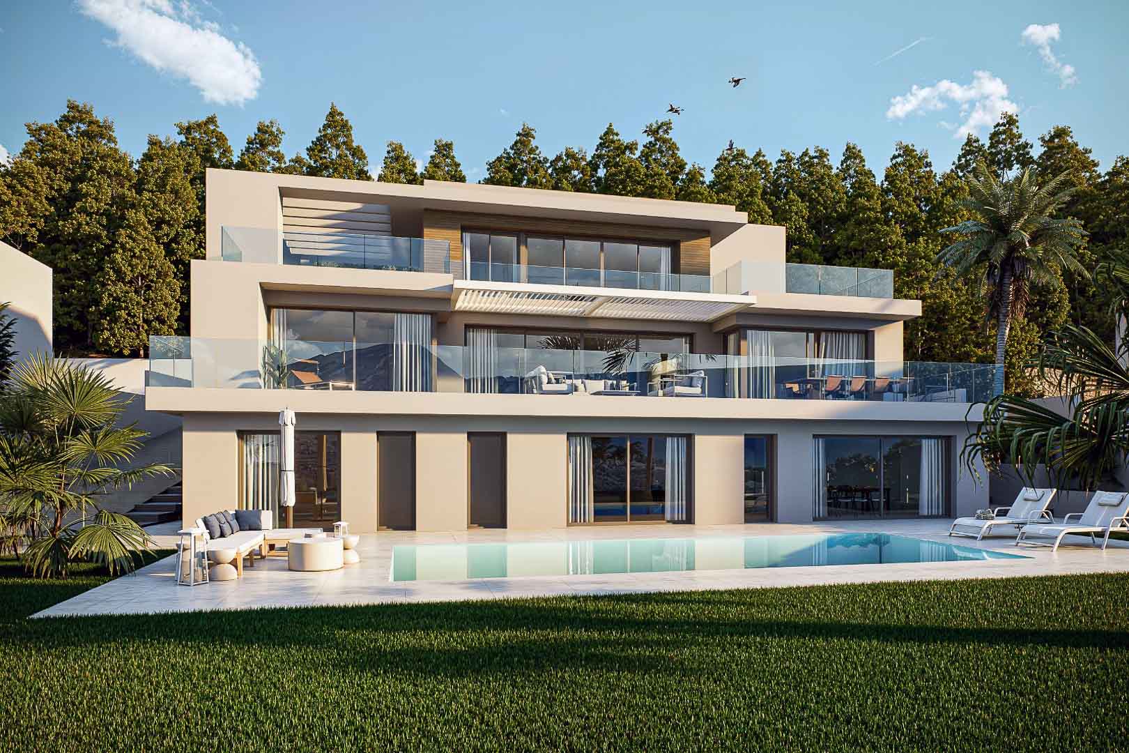 Dreistöckige moderne Villa mit großzügigen Glasfronten, terrassierten Balkonen mit Glasgeländern und einem rechteckigen Pool im gepflegten Garten.