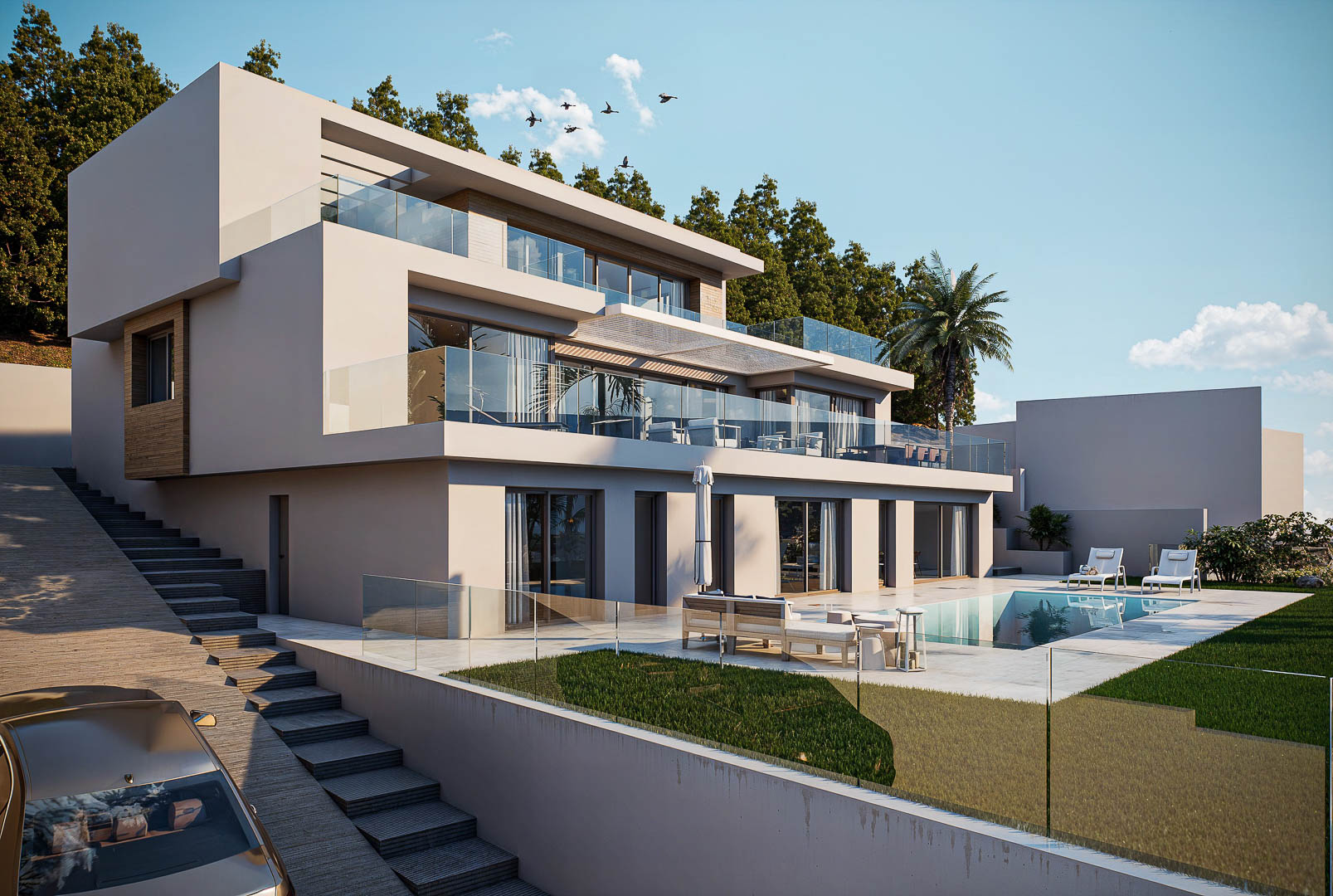 Dreistöckige moderne Villa mit minimalistischer Fassade, großzügigen Glasterrassen und einem Poolbereich mit Feinsteinzeugfliesen und gepflegter Rasenfläche.