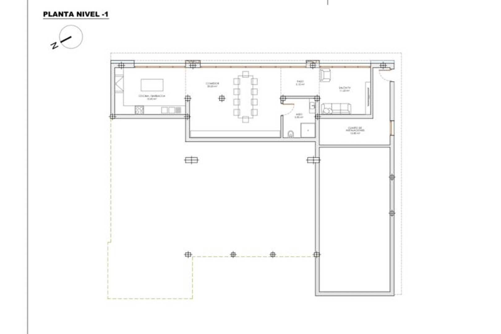 Grundriss der Ebene -1 mit Darstellung der Außenküche, des Essbereichs, TV-Zimmers, WCs und Technikraums sowie der angrenzenden Terrassenfläche.