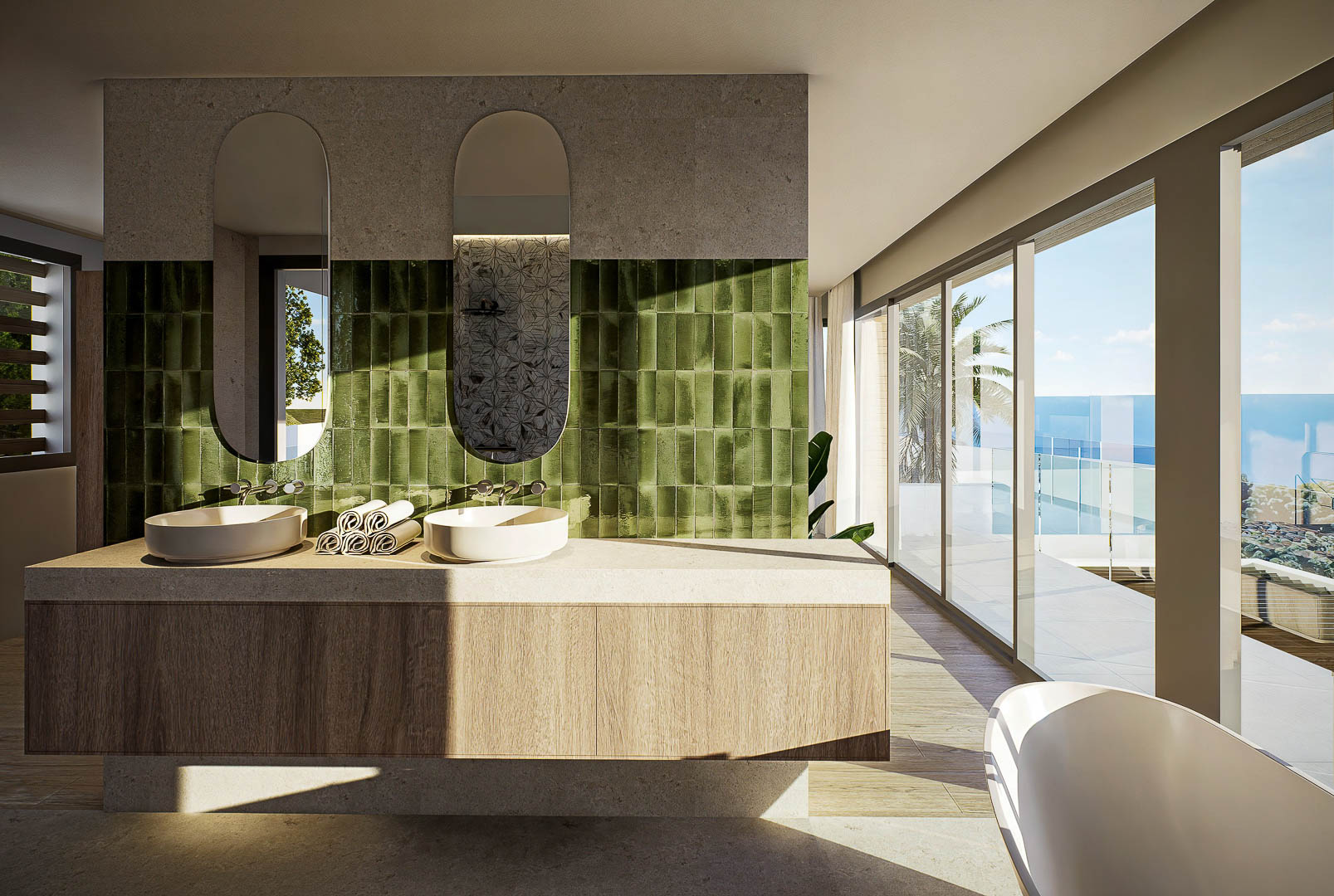 Hauptbadezimmer mit Doppelwaschtisch, grünen vertikalen Fliesen und bodentiefen Fenstern, die einen Panoramablick auf das Meer bieten.