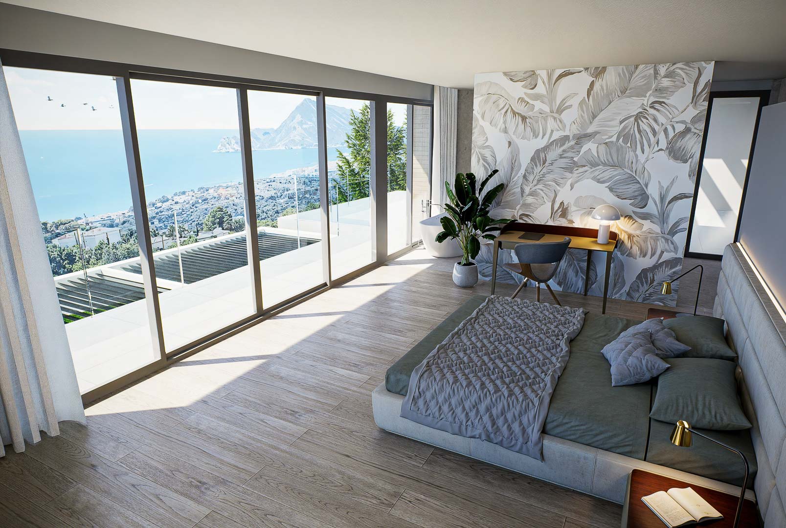 Hauptschlafzimmer mit bodentiefen Fenstern, Panoramablick auf das Meer, Feinsteinzeug in Holzoptik und einer Akzentwand mit botanischer Tapete.