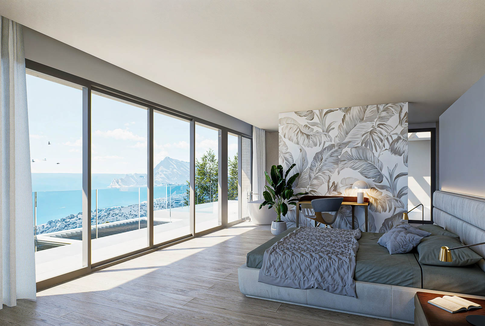 Hauptschlafzimmer mit bodentiefen Glasfronten und Meerblick, Feinsteinzeug in Holzoptik und einem integrierten Arbeitsbereich mit botanischer Mustertapete.