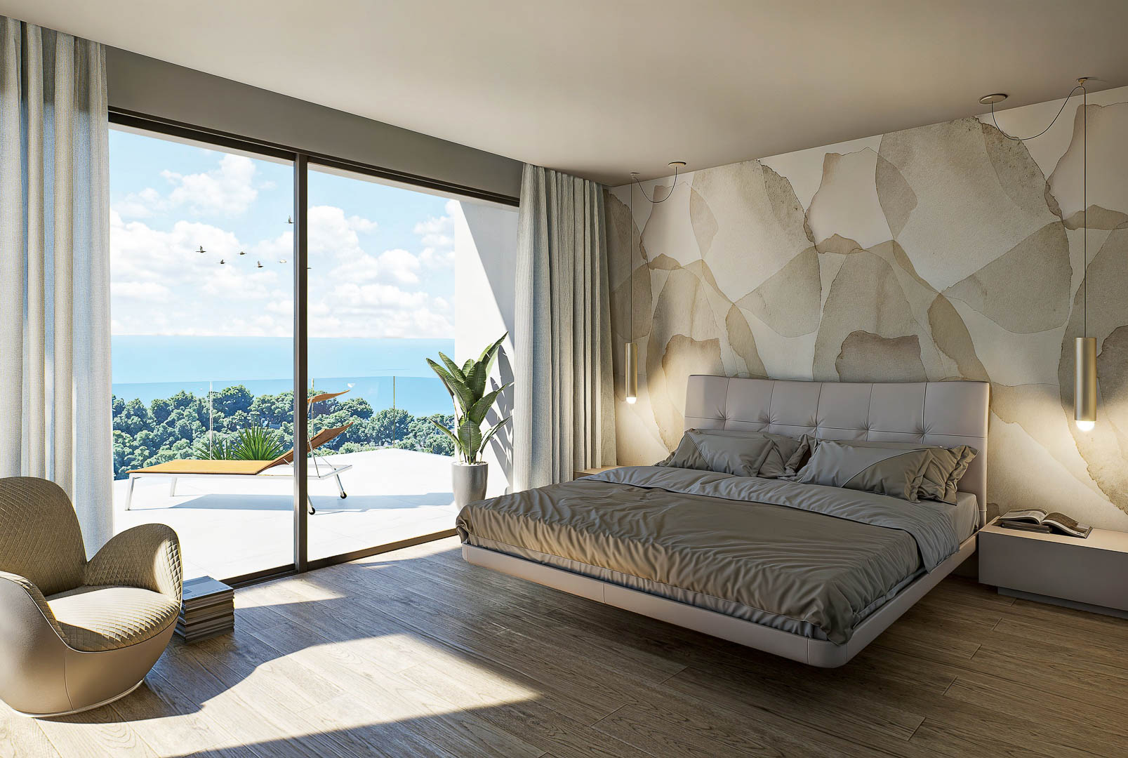 Hauptschlafzimmer mit bodentiefen Glasfronten, Zugang zur privaten Terrasse mit Meerblick, Echtholzboden und einer künstlerisch gestalteten Akzentwand.