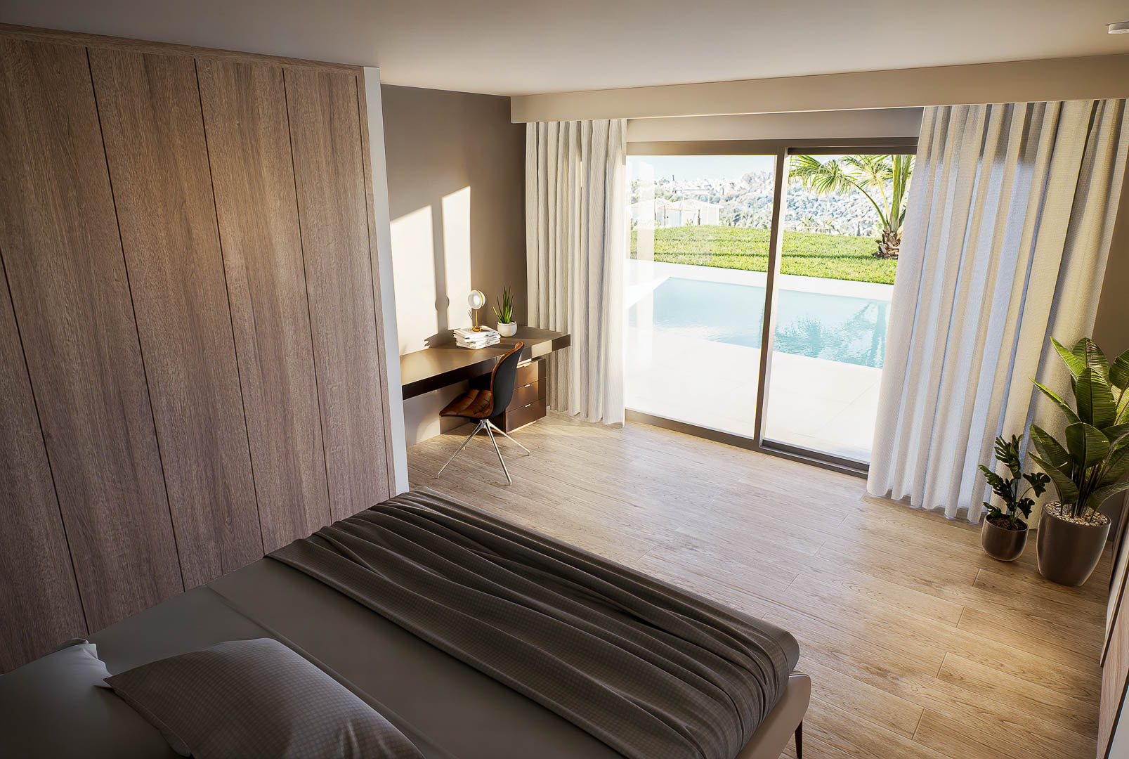 Helles Schlafzimmer mit integrierten Holzschränken, Arbeitsbereich und direktem Zugang zum Pool durch große Glasschiebetüren. Feinsteinzeugboden in Holzoptik.