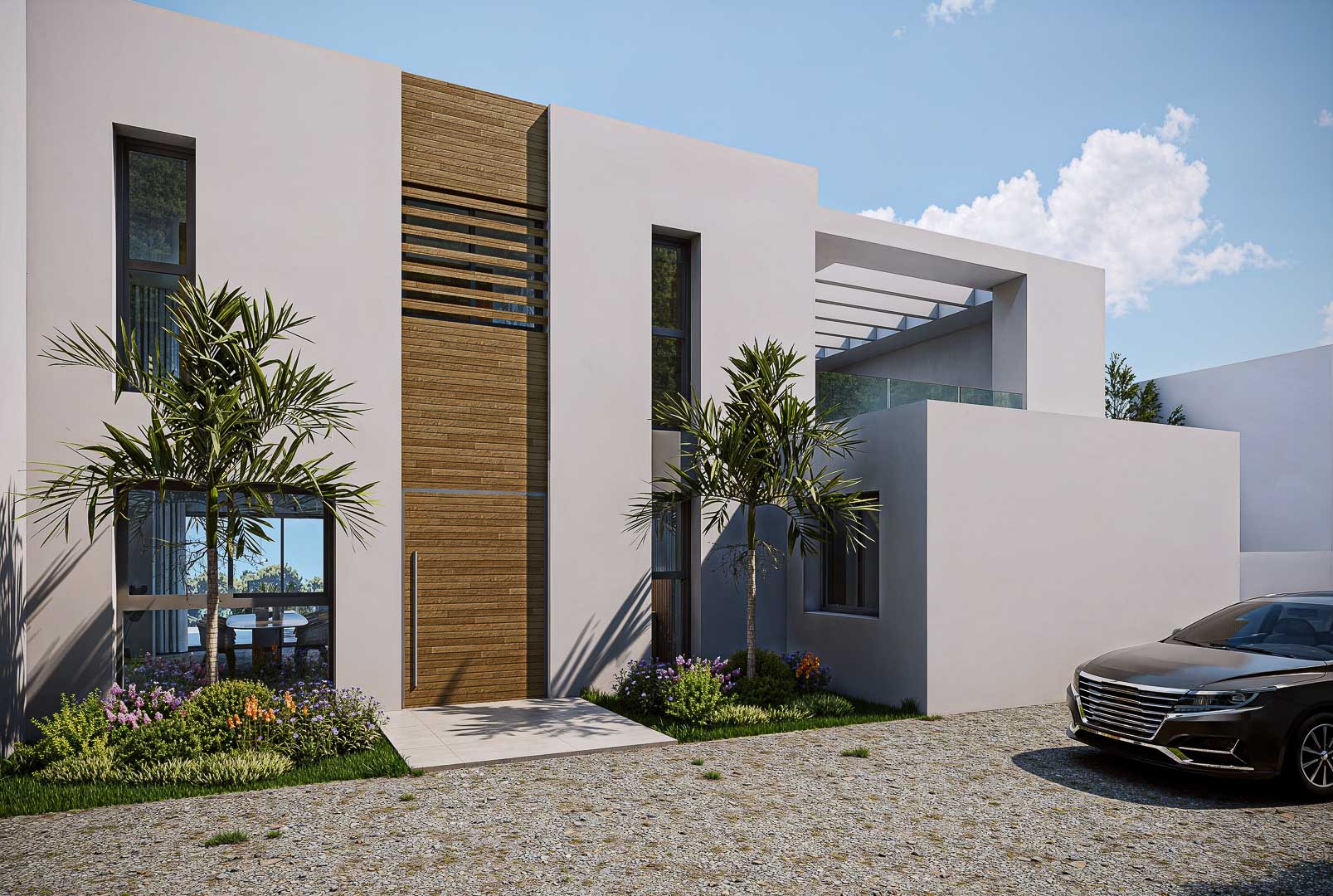 Minimalistische Hauptfassade mit großformatiger Holzeingangstür, vertikalen Fenstern und angelegten Gartenbeeten mit Palmen an einer Kieseinfahrt.