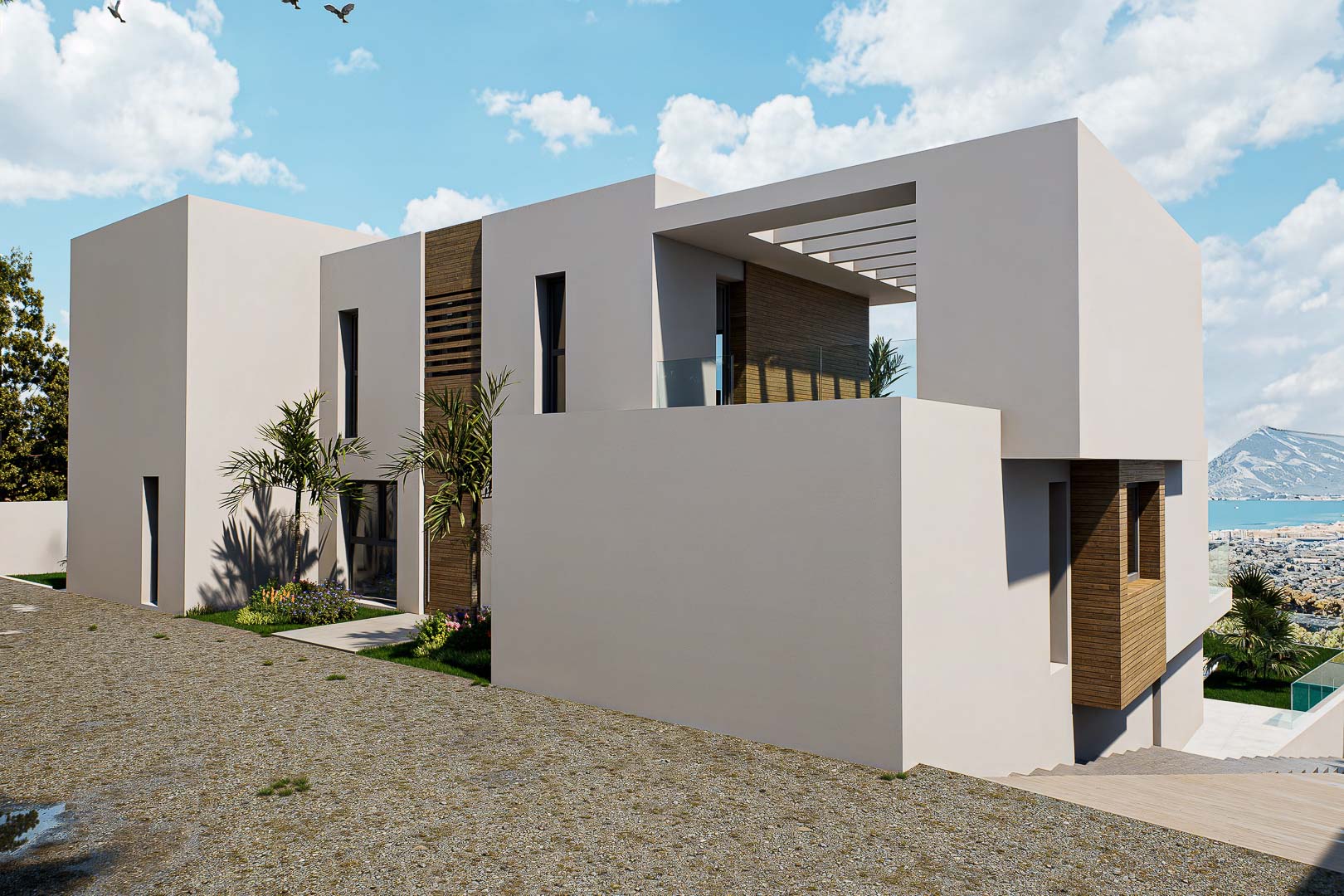 Moderne Villa mit kubischer Architektur, weißen Fassaden, Holzverkleidungen und großzügigen Terrassen mit Glasgeländern und Panoramablick auf das Meer.
