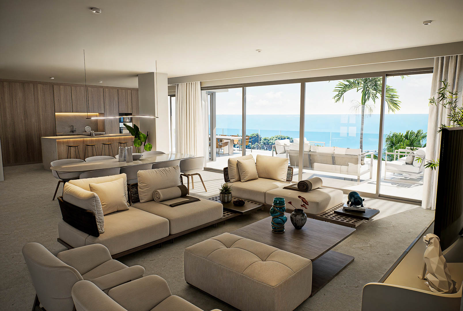 Offener Wohnbereich mit modularen Sofas, integrierter Holzküche und bodentiefen Glasfronten mit weitem Blick auf das Meer und die Terrasse.