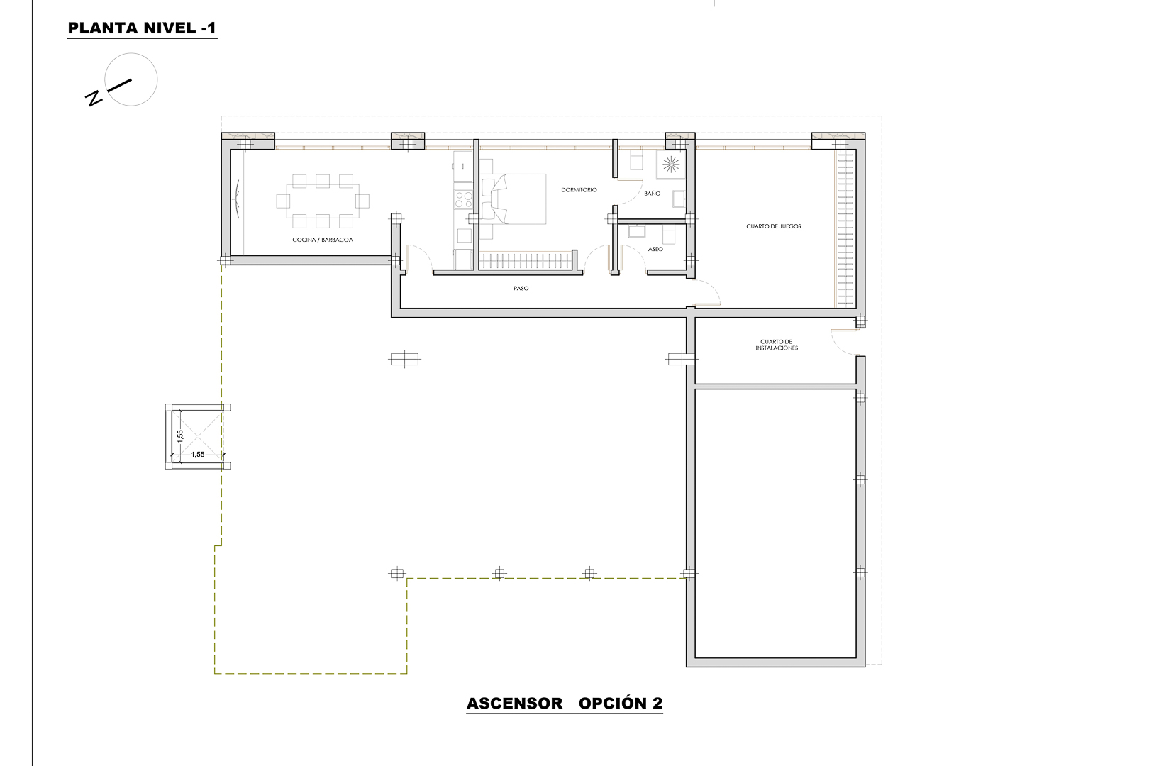 Technischer Grundriss der Ebene -1 mit der Aufteilung von Küche/Grillbereich, Schlafzimmer mit Bad, Spielzimmer und Technikräumen.