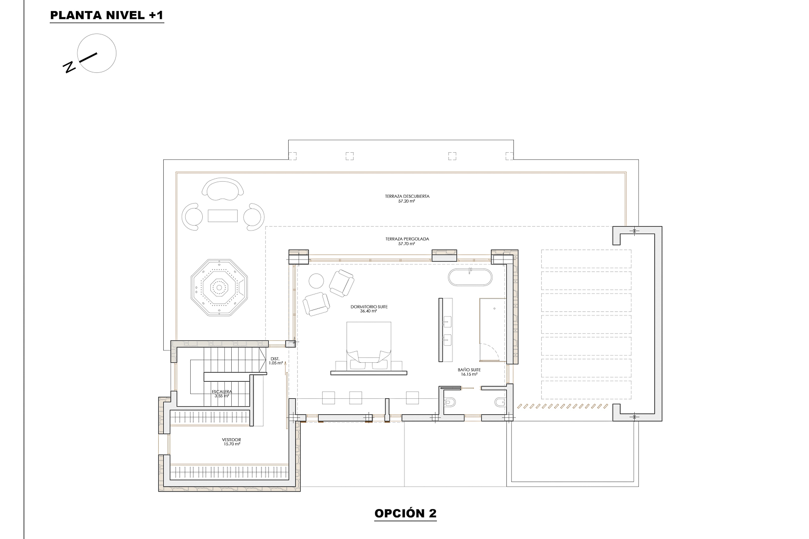 Technischer Grundriss der Ebene +1, Option 2, mit einer 36 m² Master-Suite, Ankleidezimmer, Bad und über 110 m² an Pergola- und Freiterrassenflächen.