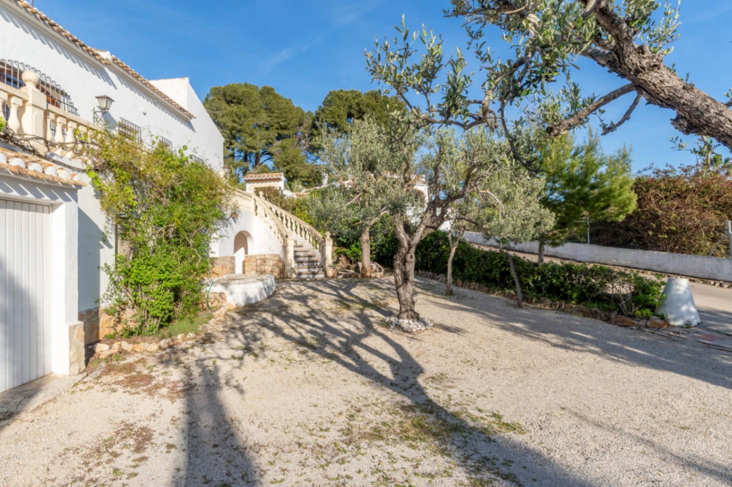 Außenansicht der Villa mit Kiesauffahrt, alten Olivenbäumen und einer traditionellen Treppe mit Balustrade, die zum Obergeschoss führt.