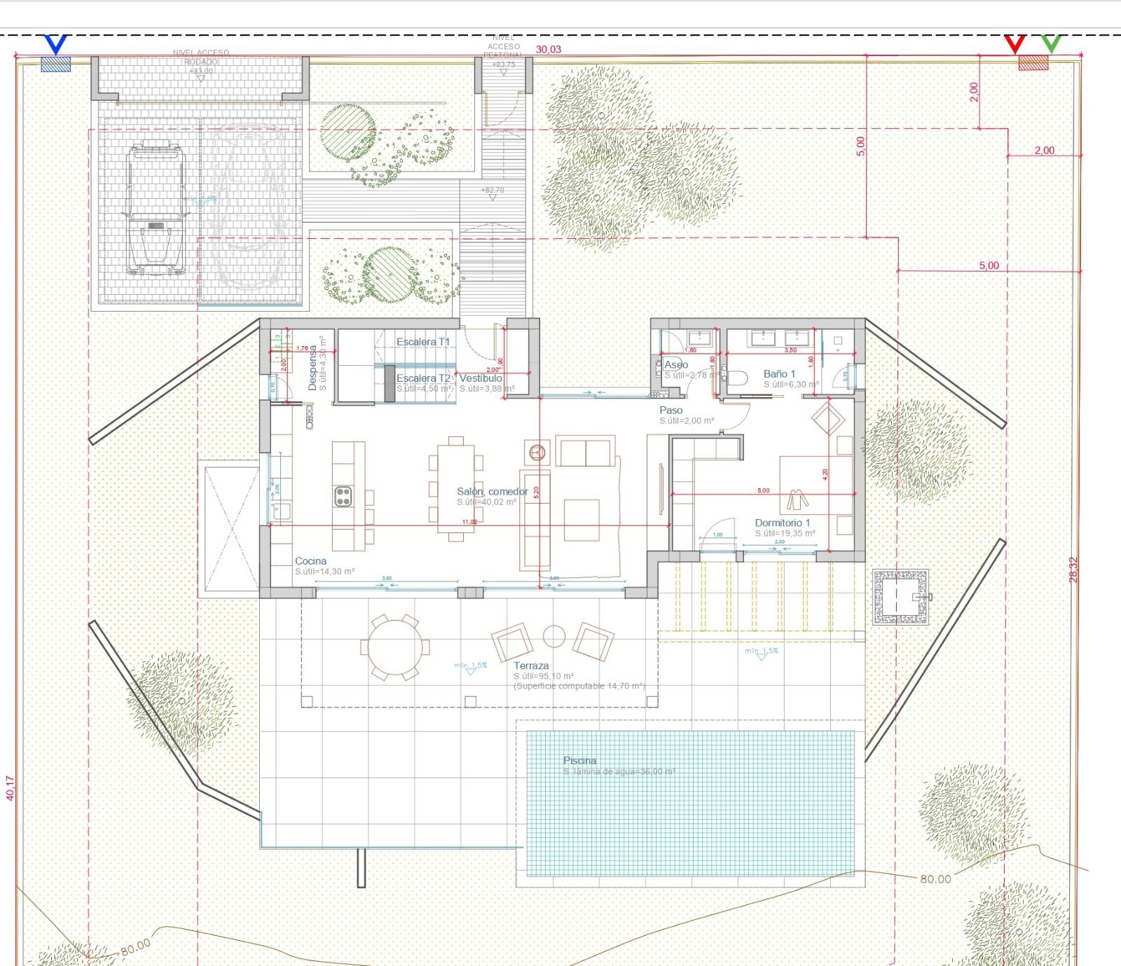 Architektonischer Grundriss des Hauptgeschosses mit offenem Wohn-Essbereich, Küche mit Kochinsel, Schlafzimmer mit Bad en Suite und großzügiger Terrasse mit Pool.