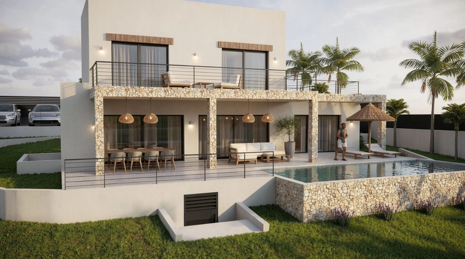 Außenansicht der Villa mit Natursteinpfeilern, großzügiger überdachter Naya, integriertem Pool und Obergeschoss-Terrassen mit modernen Metallgeländern.