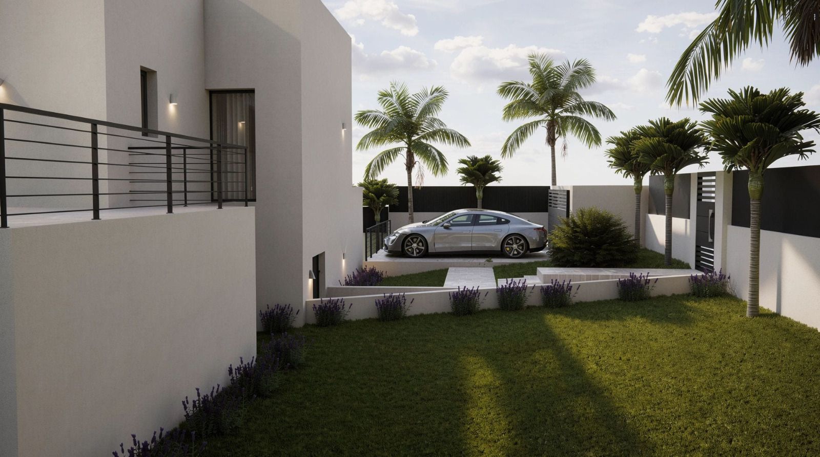 Außenansicht der Villa mit privatem Parkplatz, minimalistischer weißer Fassade und einem angelegten Garten mit Palmen und Lavendelrabatten.