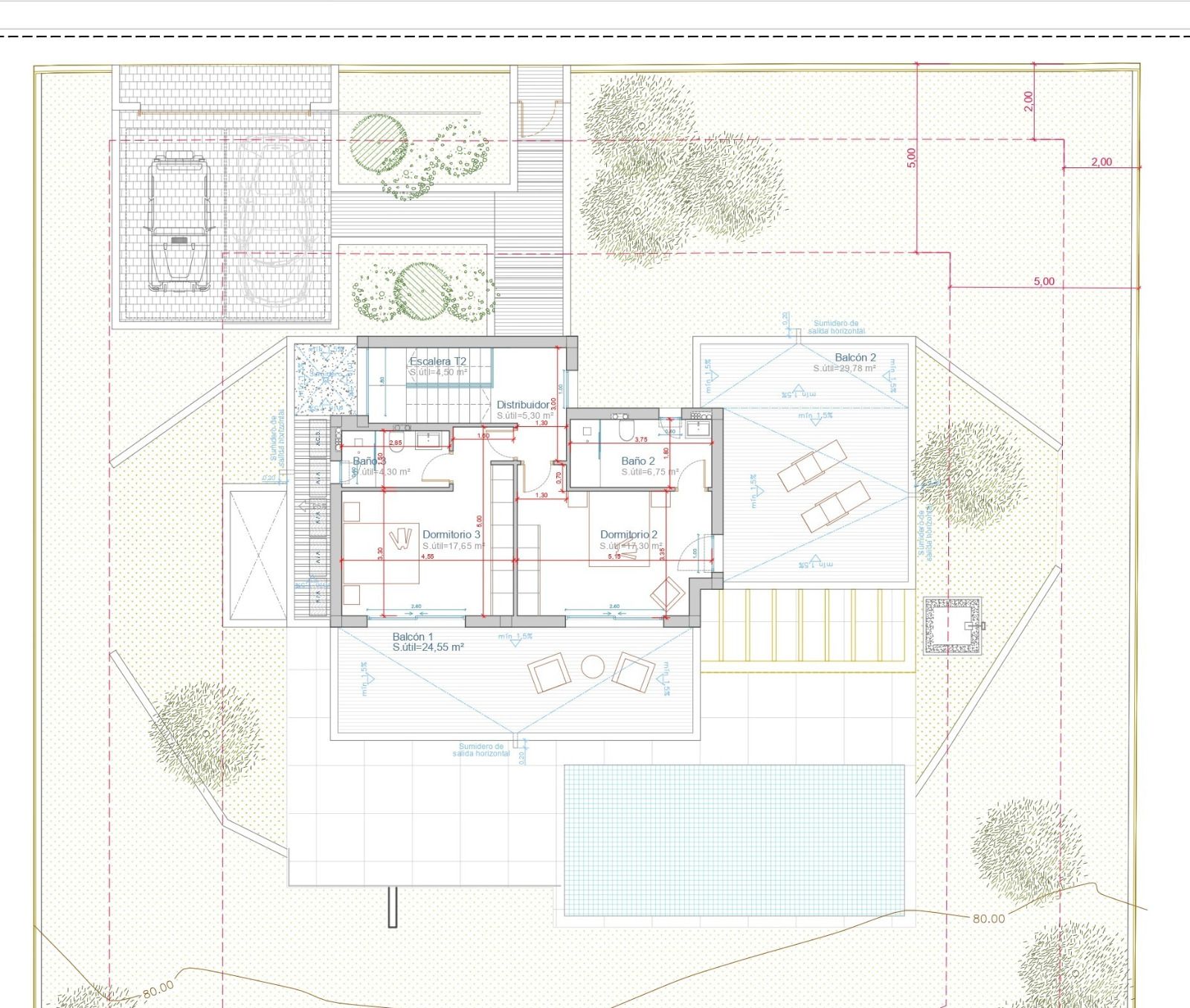 Detaillierter Grundriss des Obergeschosses mit zwei Schlafzimmern en-suite und weitläufigen privaten Balkonen mit Blick auf den Poolbereich.