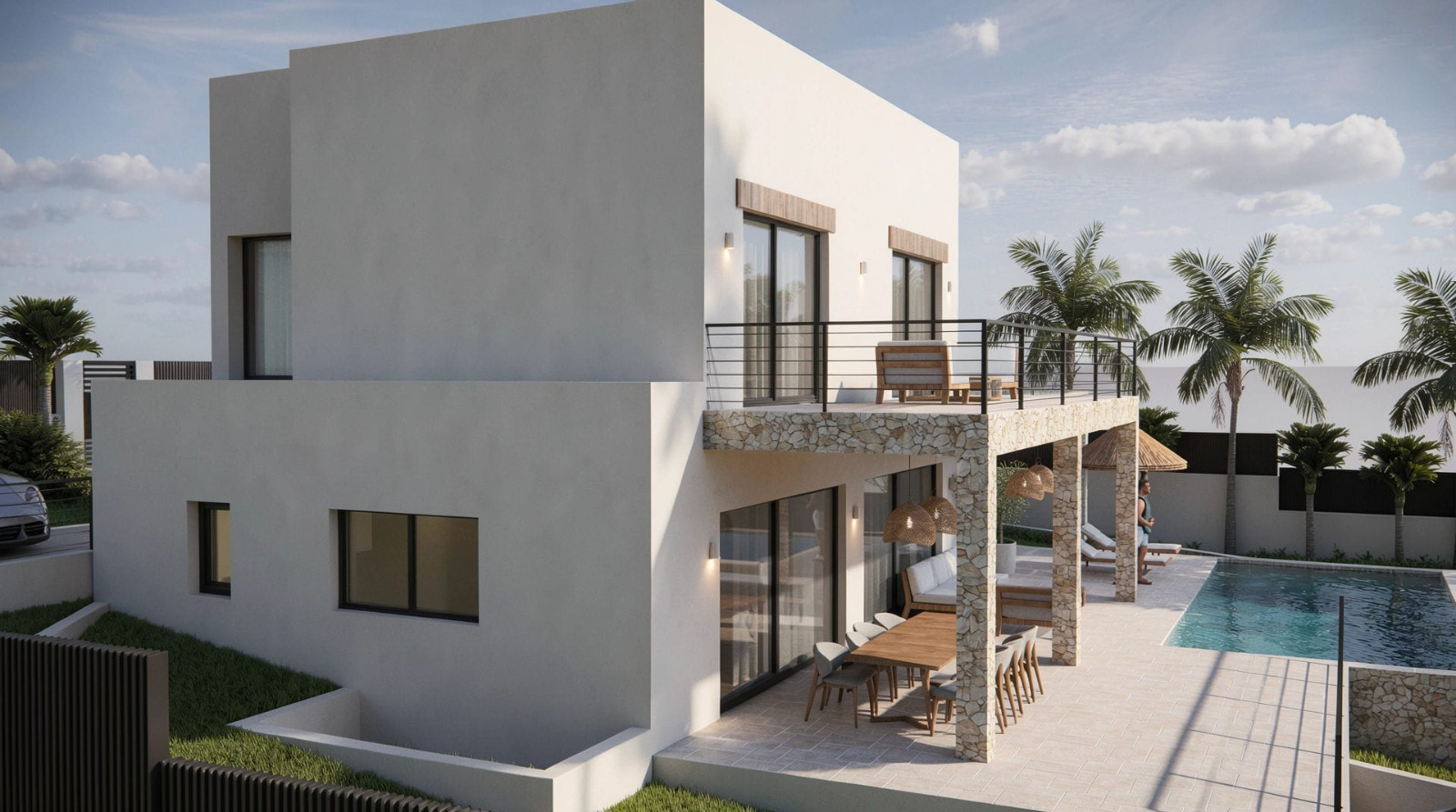 Moderne Villa mit weißer Fassade, Natursteinpfeilern an der Naya, großer Oberterrasse mit schwarzem Geländer und Poolbereich mit mediterraner Bepflanzung.
