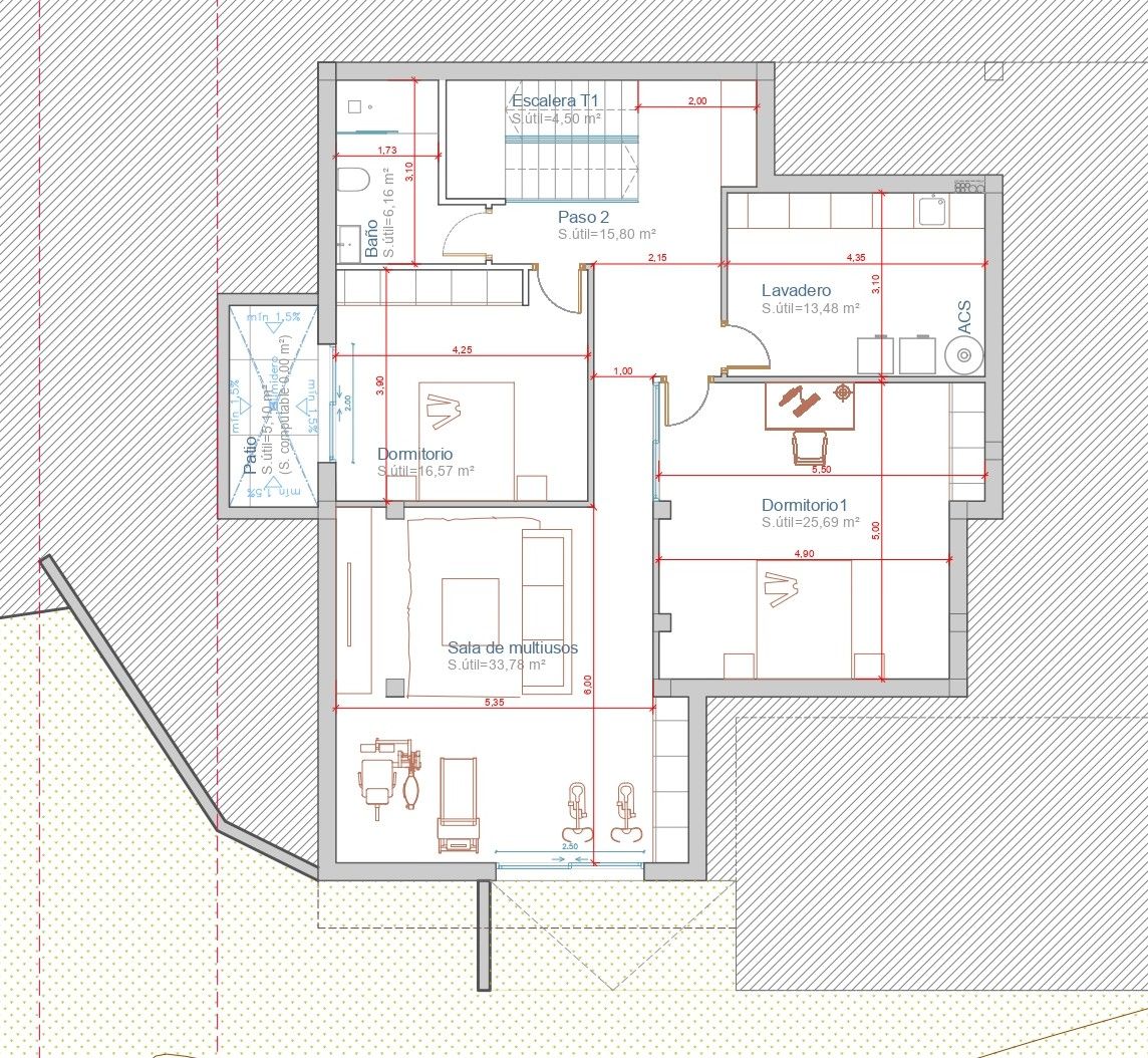 Technischer Grundriss des Untergeschosses mit zwei Schlafzimmern, Bad, Waschküche und einem 33,78 m² großen Mehrzweckraum.