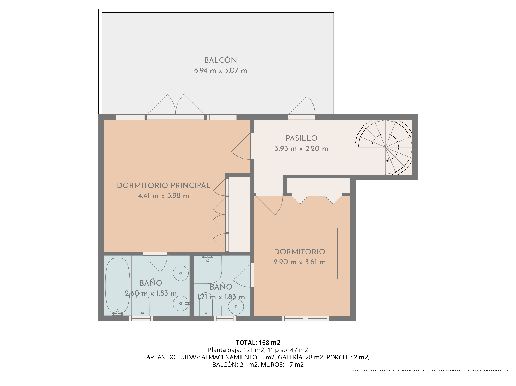 Detaillierter Grundriss des Obergeschosses mit Hauptschlafzimmer, zweitem Schlafzimmer mit Bad en Suite und einem großzügigen 21 m² Balkon.